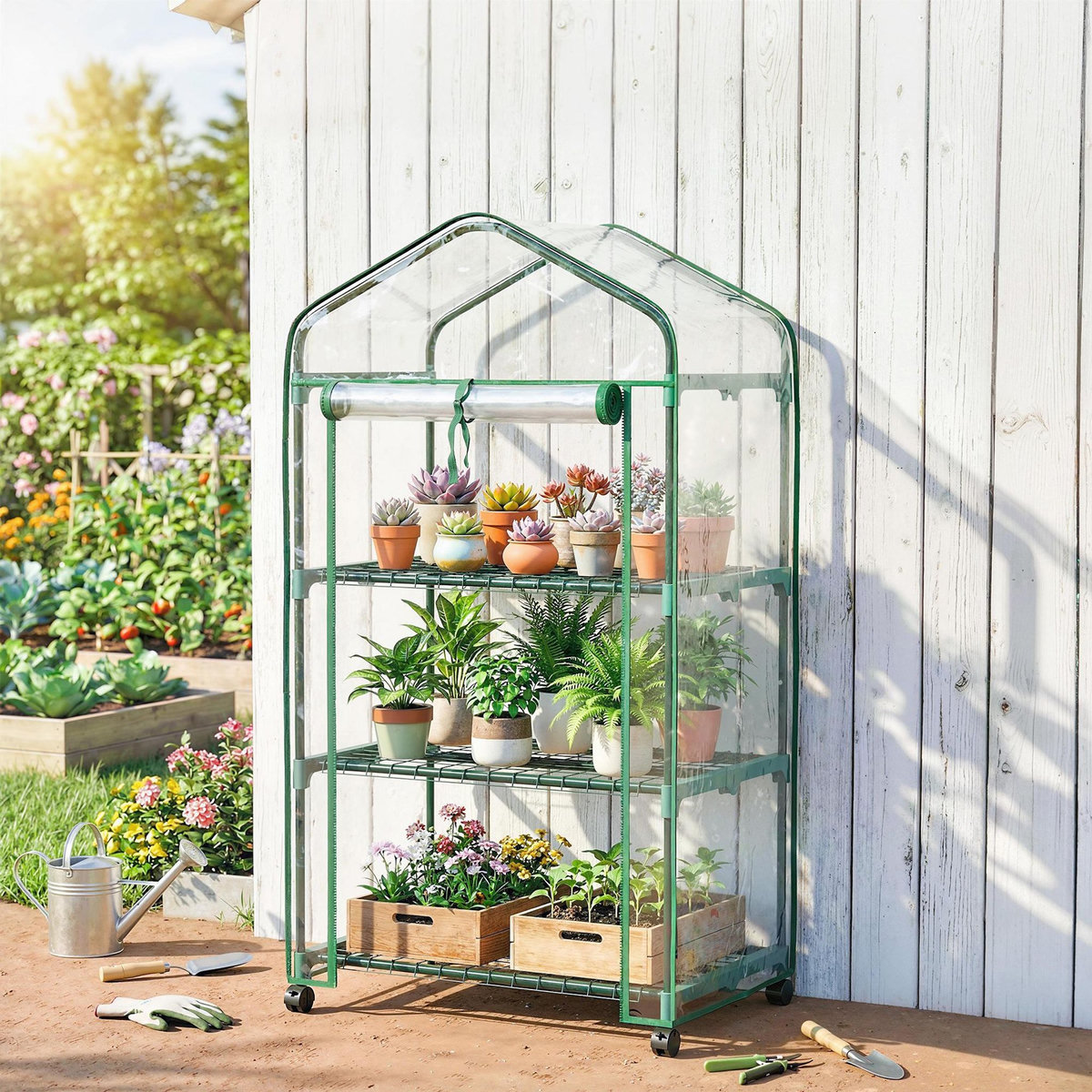 OUTSUNNY Mini serre de jardin 3 étagères porte enroulable 4 roulettes PE transparent