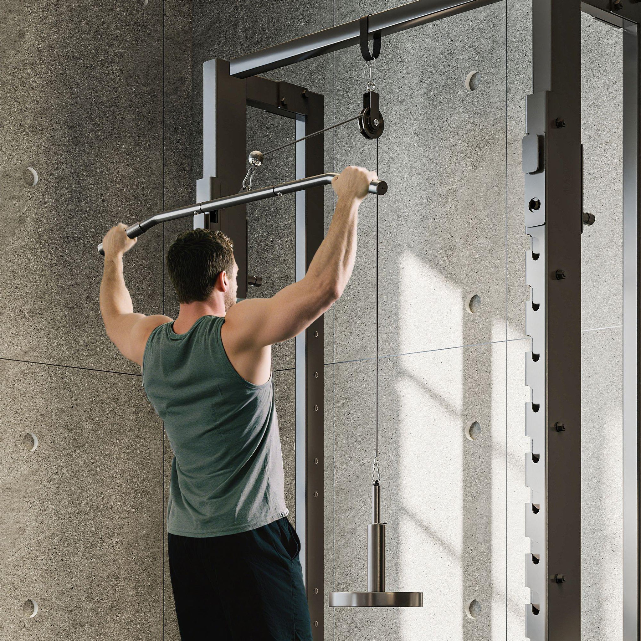 Voir la diapositive 5 : HOMCOM Station de traction murale - machine poulie musculation - lat pulldown exercices - acier nylon rouge noir