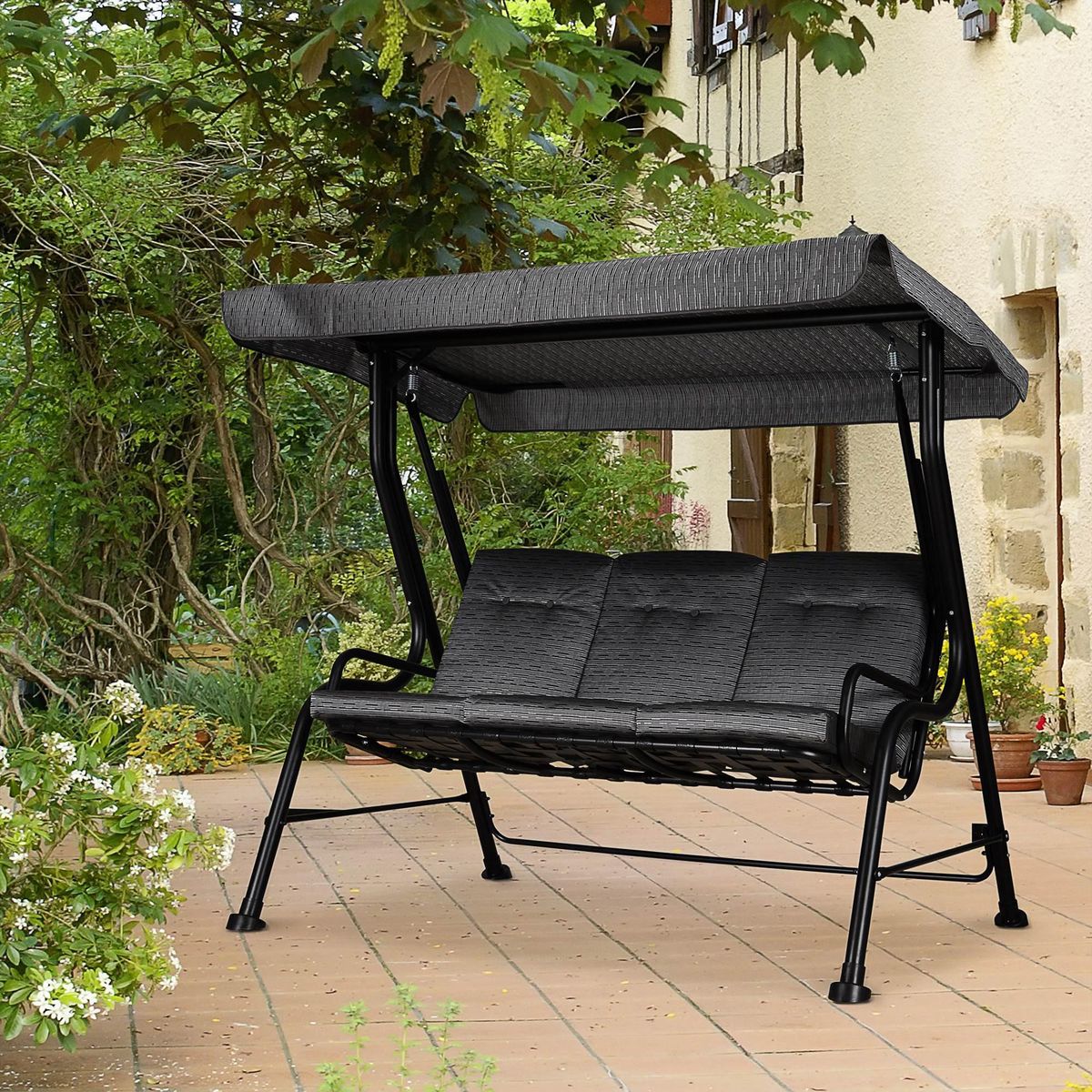 OUTSUNNY Balancelle de jardin 3 places grand confort toit inclinaison réglable épais coussins amovibles polyester acier époxy gris noir