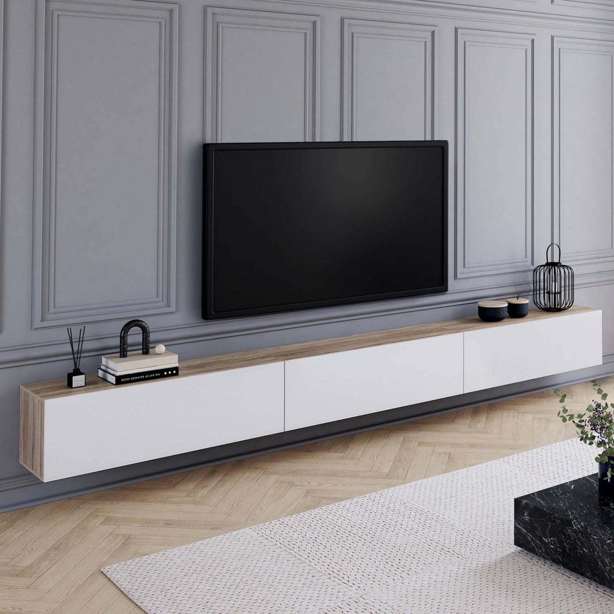 ID MARKET Meuble tv 300 cm suspendu elio 3 portes bois et blanc