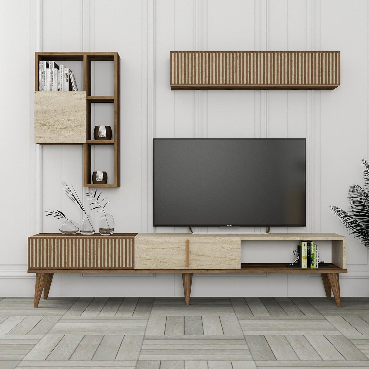 Habitat et Jardin Meuble TV en bois  Milan  - 180 x 35 x 40 cm - Noyer, Travertin