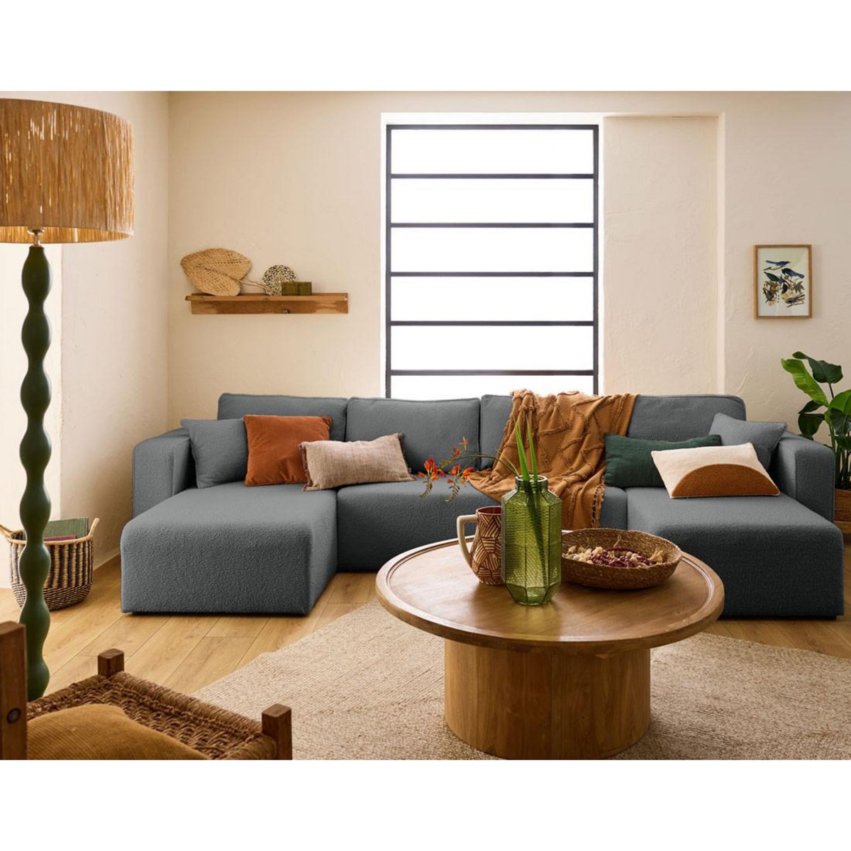 BEST MOBILIER Topaze - canapé panoramique en u - 7 places - convertible avec coffre - en tissu bouclette