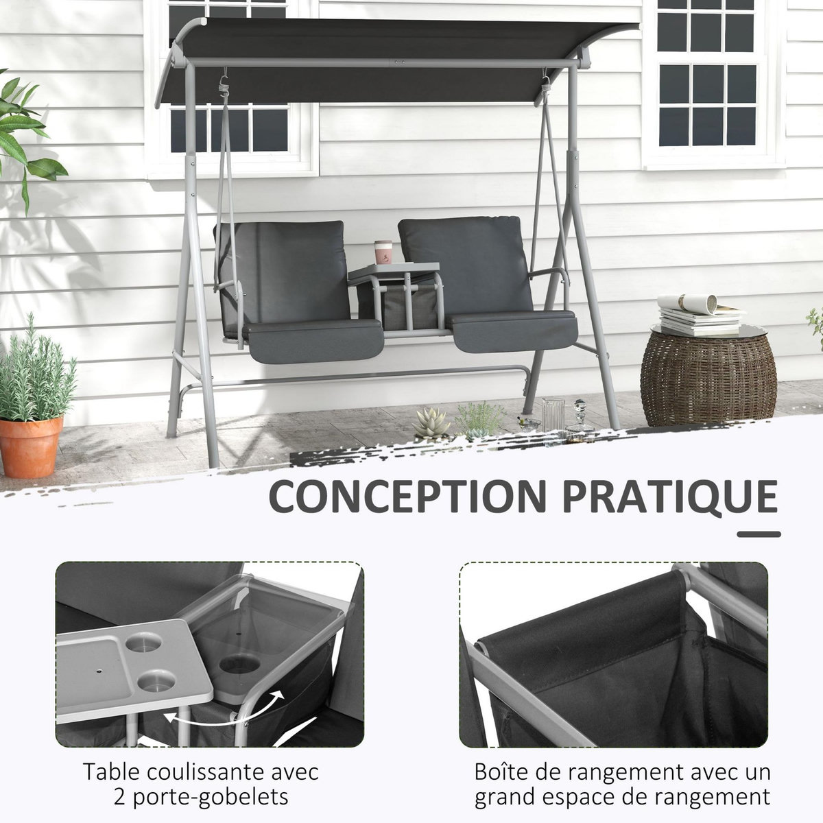 OUTSUNNY Balancelle design de jardin 2 places inclinaison toit réglable tablette porte-gobelet rangement métal gris