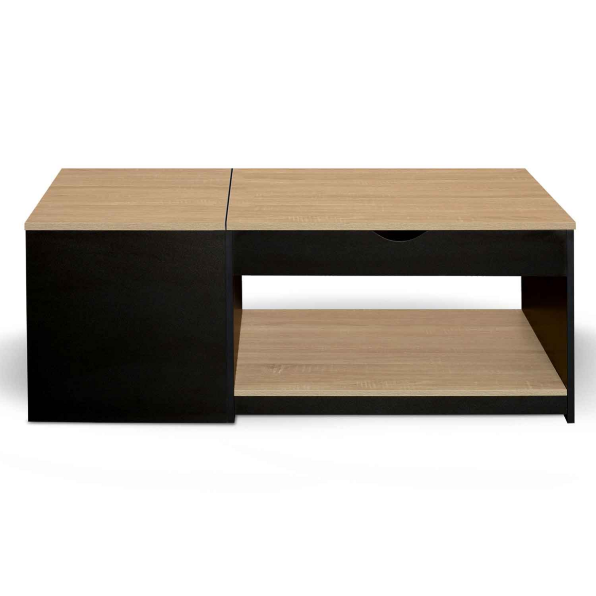 ID MARKET Table basse 2 plateaux relevables rectangulaire EYLA avec coffre bois noir et façon hêtre
