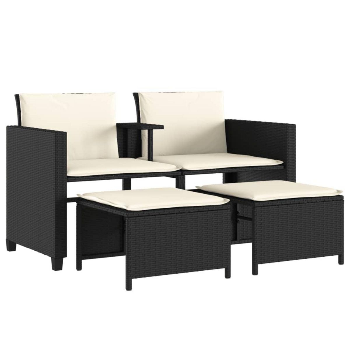 VIDAXL Canape de jardin 2 places avec table et tabourets noir rotin
