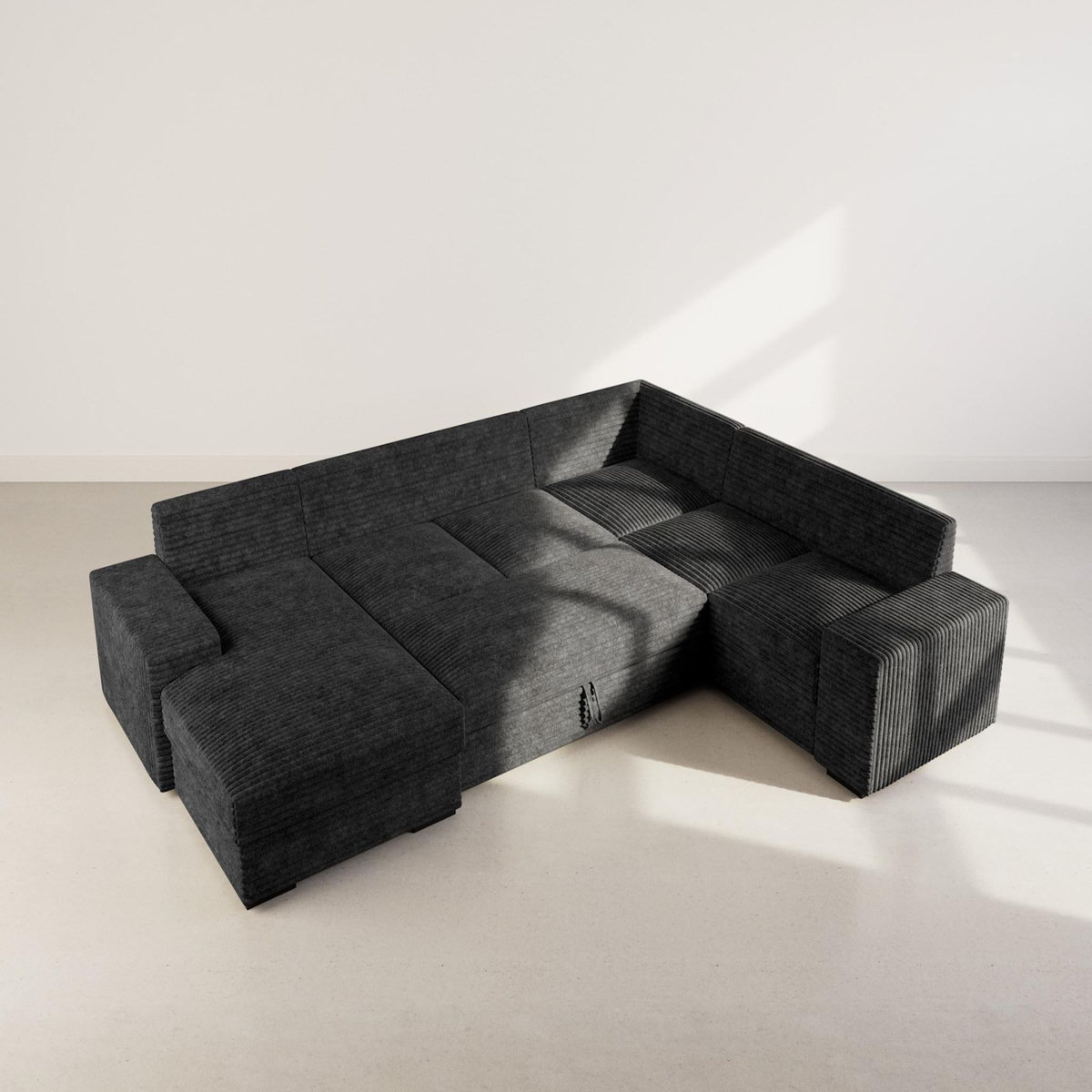 BEST MOBILIER Lorie - canapé panoramique d'angle droit 7 places convertible en velours côtelé grosse côte avec coffre