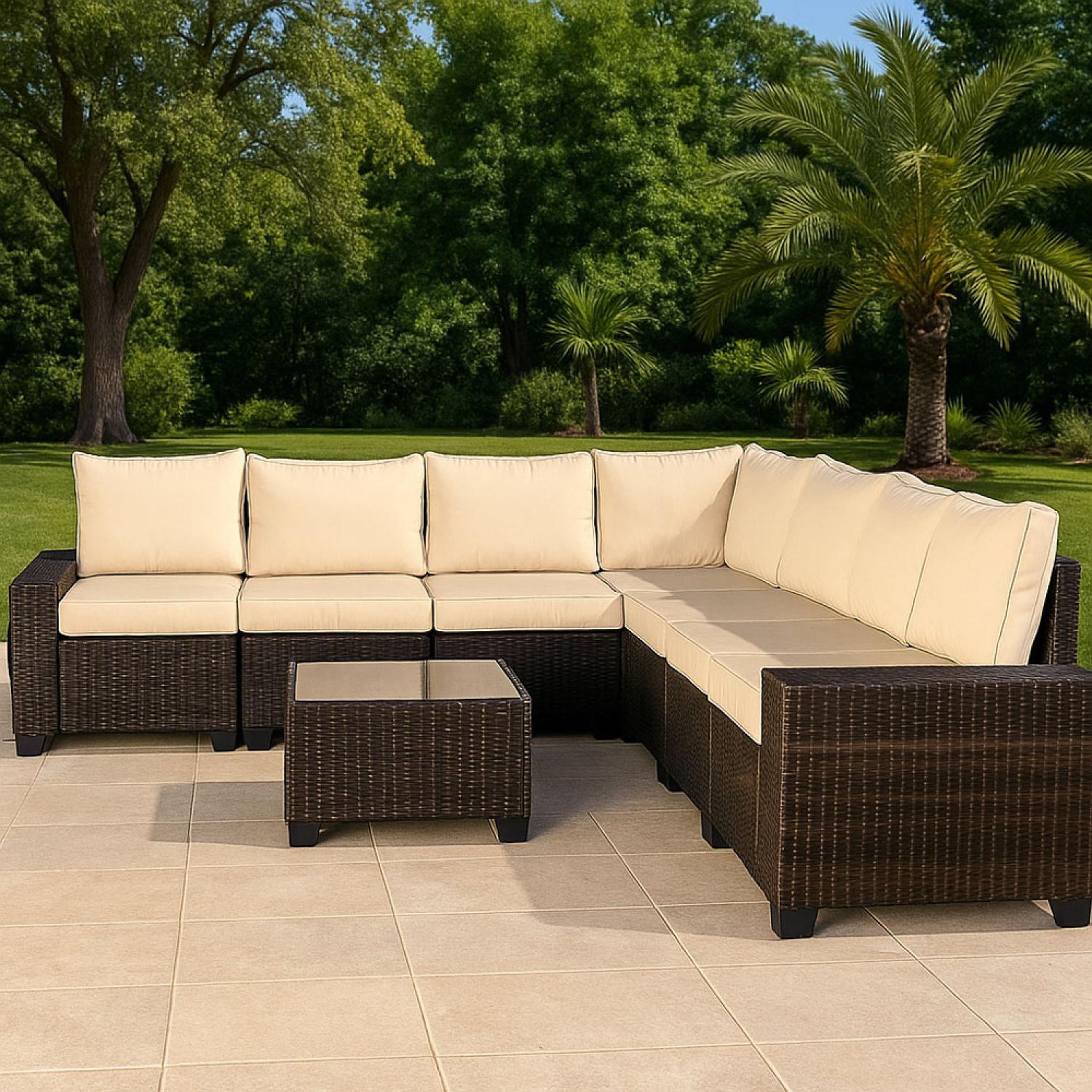 Voir la diapositive 4 : CONCEPT USINE Salon de jardin d'angle 7 places en résine tressée avec table marron et beige LAZARO