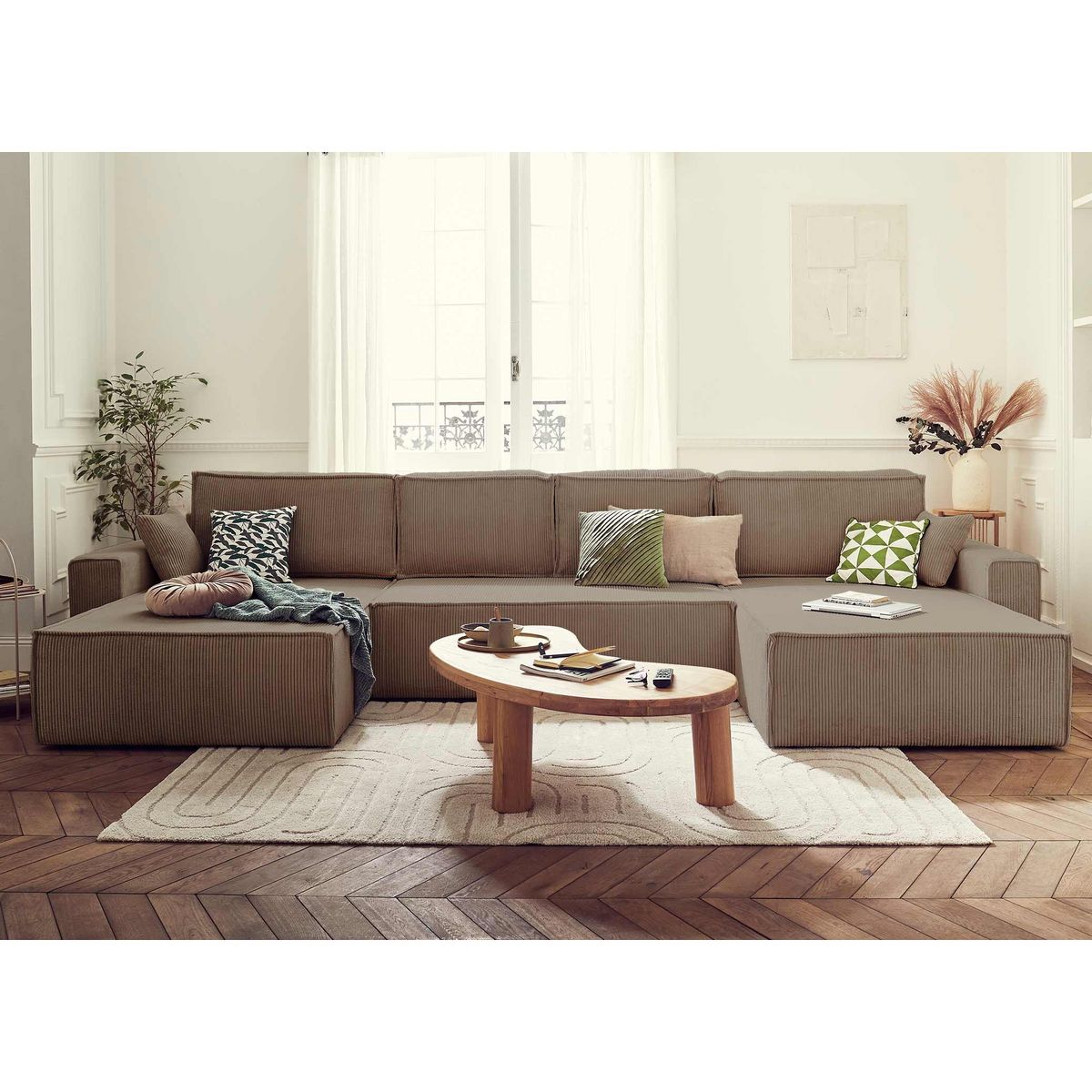 BEST MOBILIER Dellia - canapé panoramique en u - 7 places - convertible - avec coffre - en velours côtelé