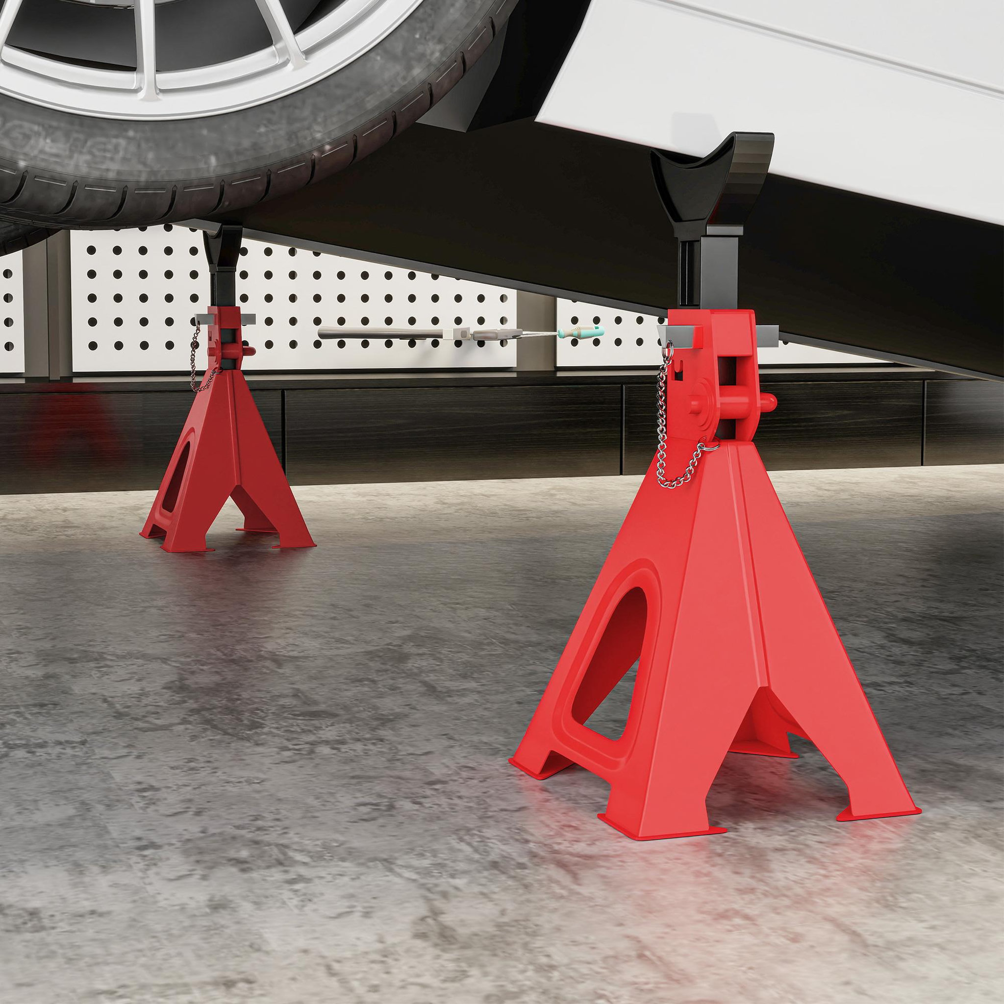 Voir la diapositive 4 : HOMCOM Lot de 2 chandelles - jusqu'à 6000 Kg par chandelle - H.375-592 mm - 4 pieds - acier rouge noir
