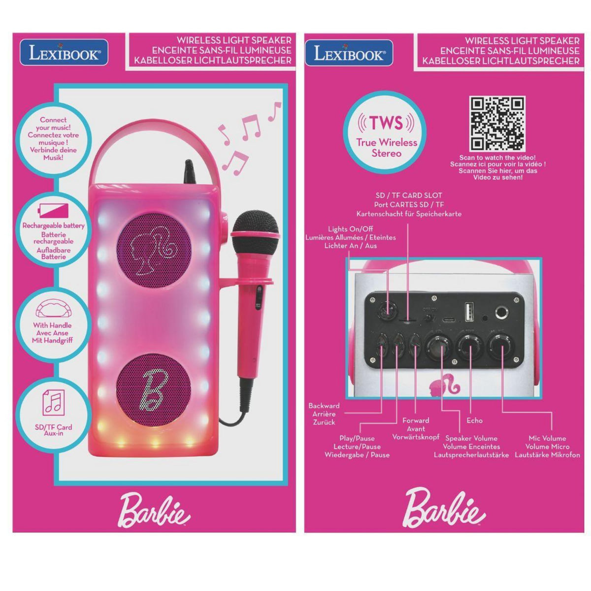 Lexibook Puissante enceinte Bluetooth lumineuse Barbie avec micro