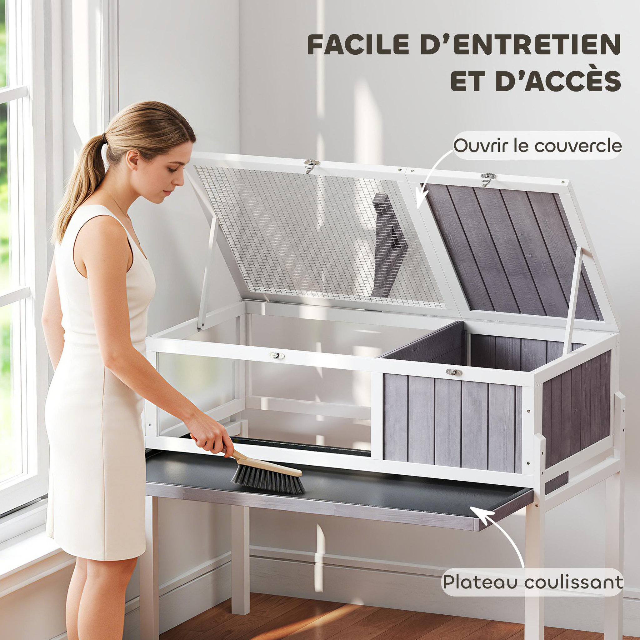 Voir la diapositive 4 : PAWHUT Terrarium maison tortue sur pied - niche, plateau déjection, support lampe - bois blanc gris