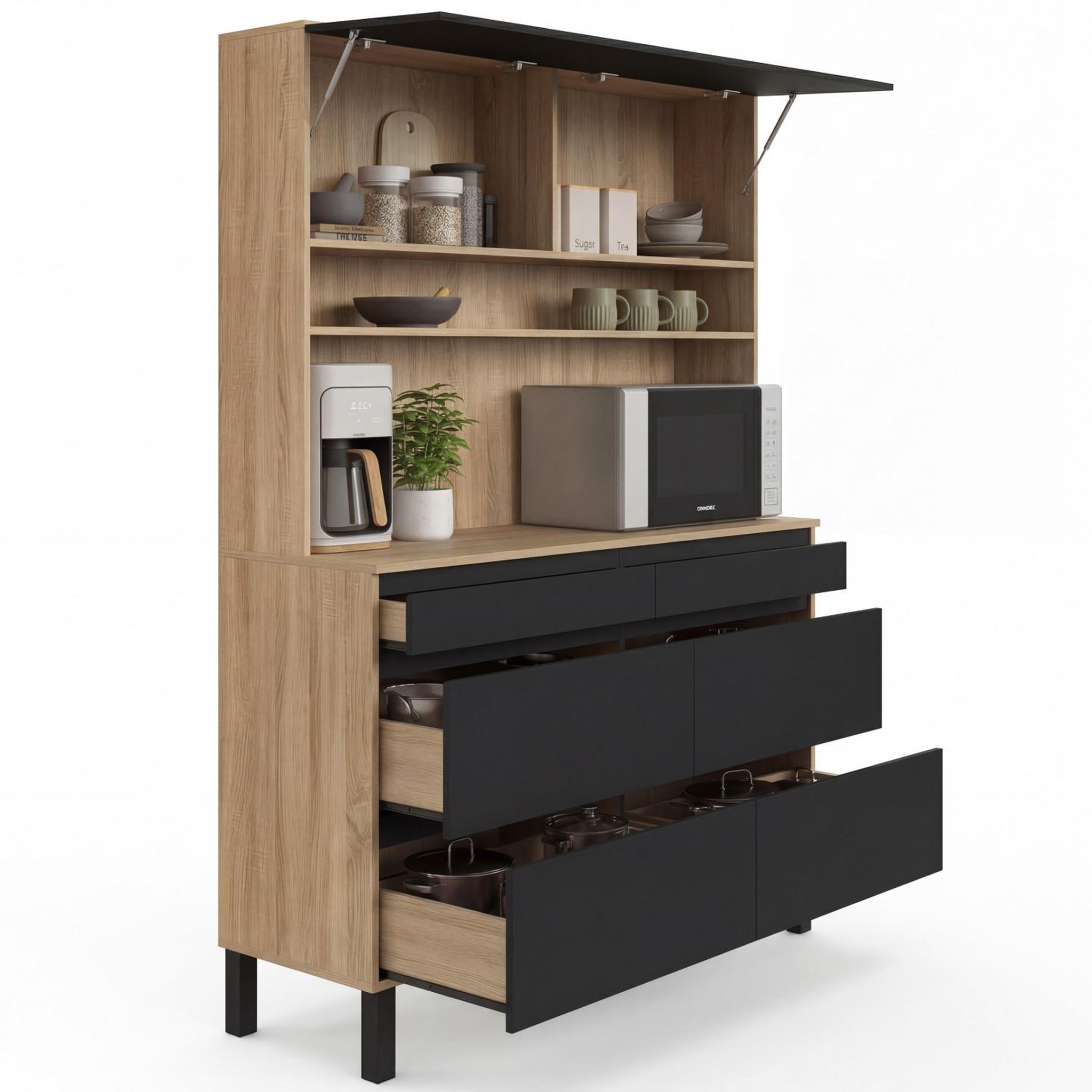 ID MARKET Buffet double casserolier de cuisine 120 cm claude 6 tiroirs + 1 placard bois et noir