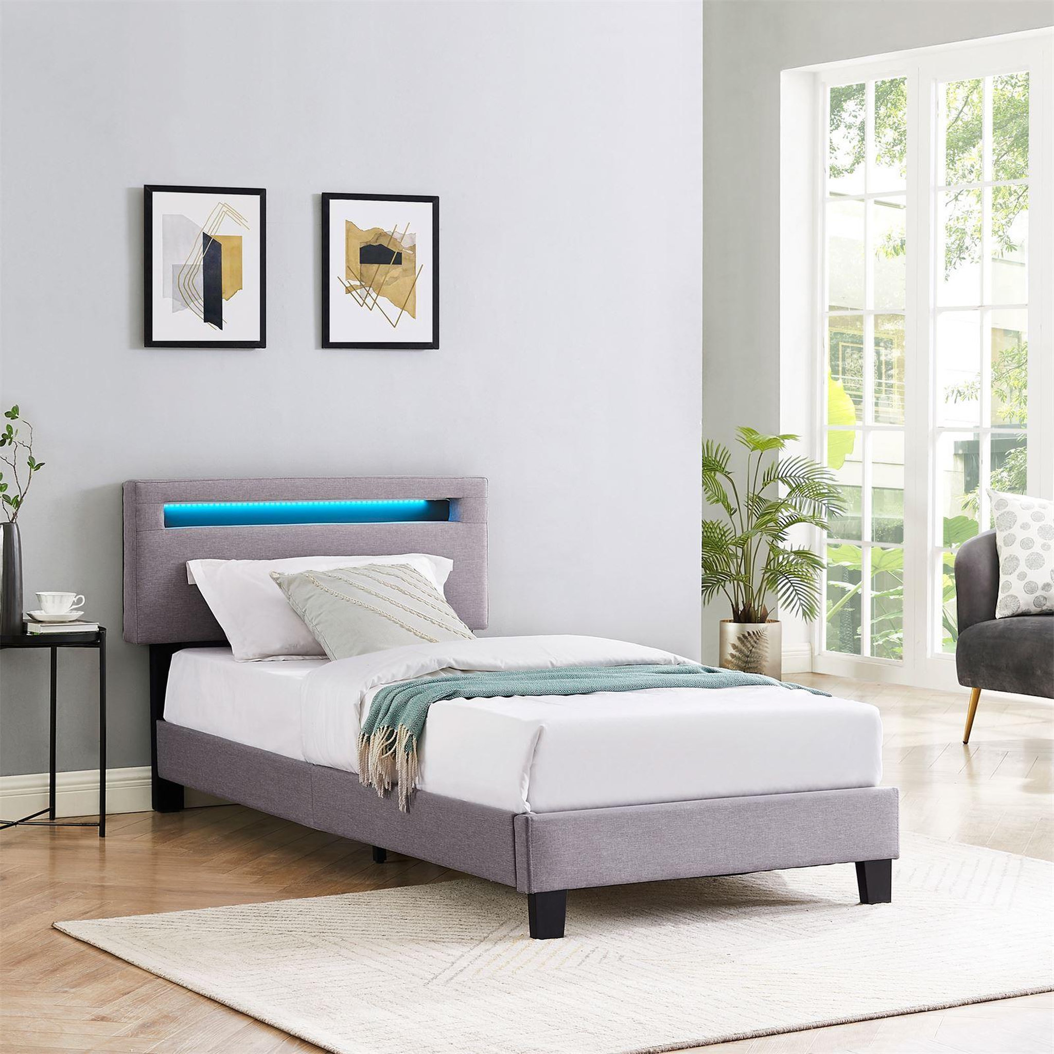 Voir la diapositive 2 : IDIMEX Lit LED simple AUSTIN 90x190 cm, avec sommier, revêtement en tissu
