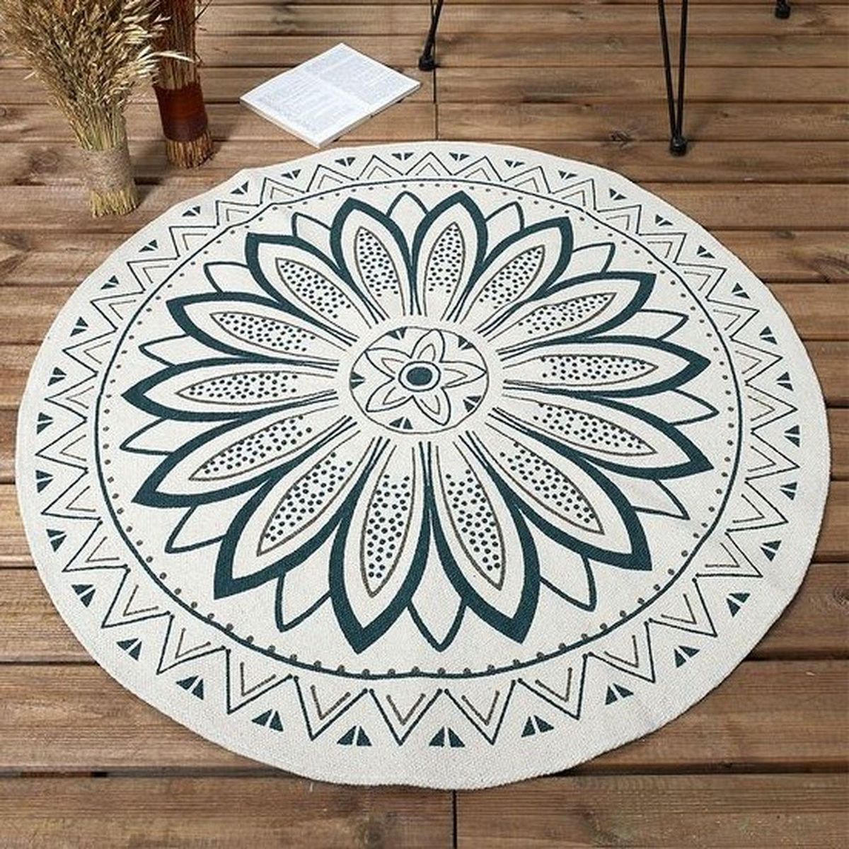 TOILINUX Tapis rond imprimé mandala - Diamètre 90 cm - vert