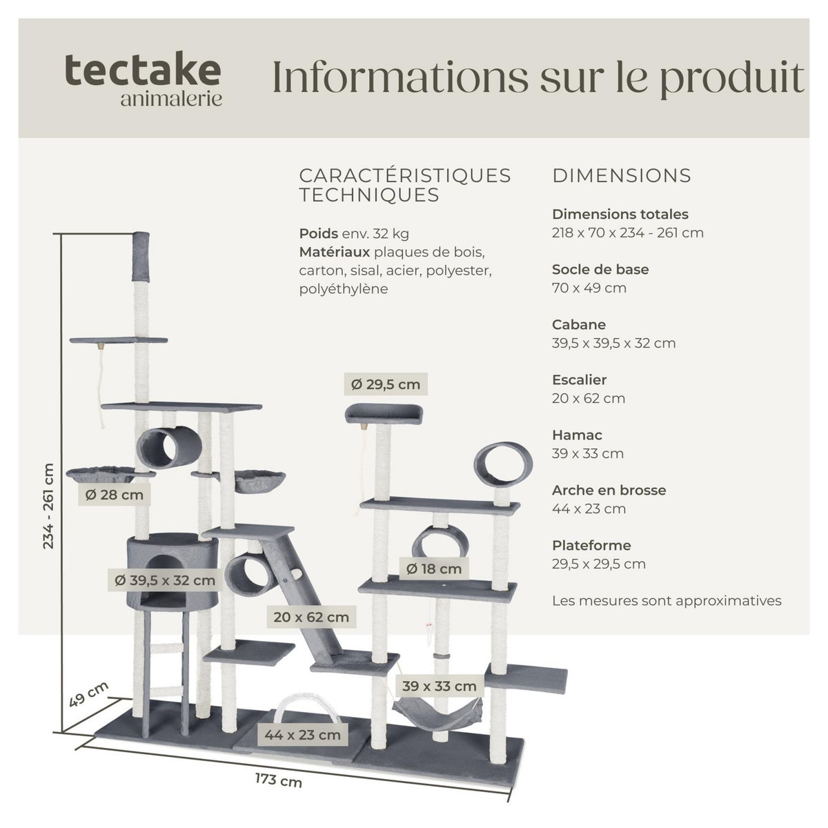 tectake Arbre à chat 234 à 261 cm avec griffoir et plateforme d'escalade gris