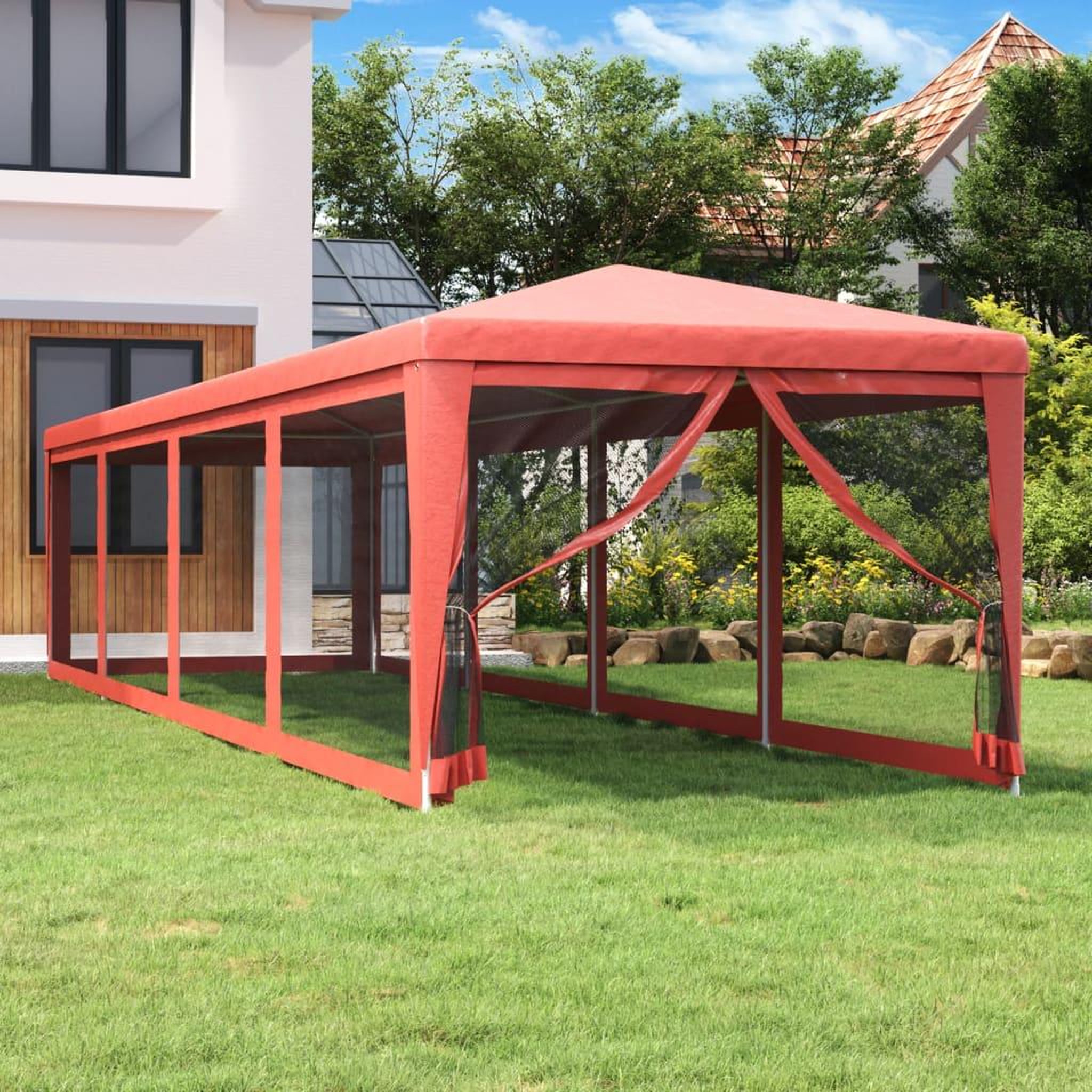 Voir la diapositive 1 : VIDAXL Tente de fete 10 parois laterales en maille Rouge 3x12 m PEHD