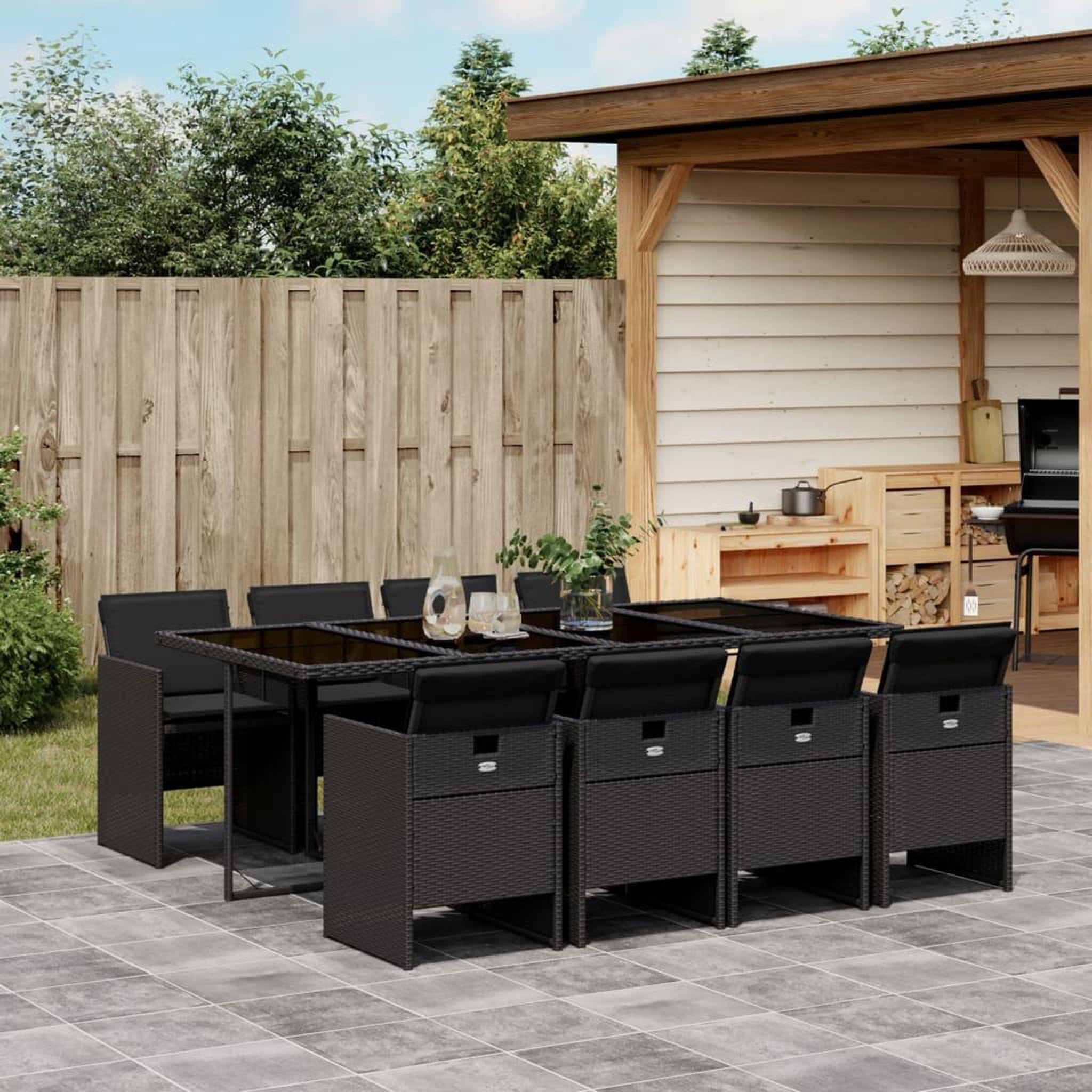 VIDAXL Ensemble a manger de jardin 9pcs coussins noir resine tressee