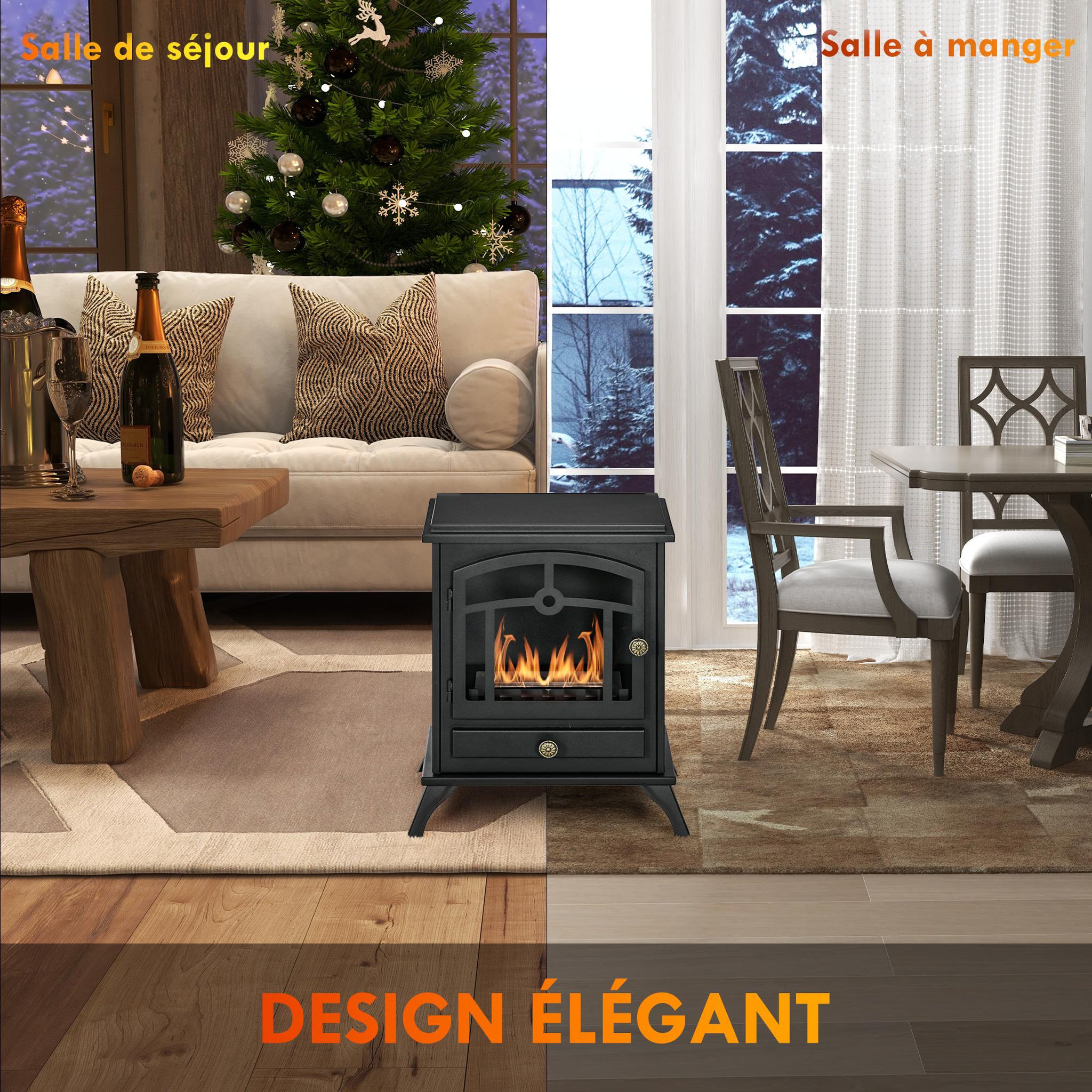 Voir la diapositive 6 : HOMCOM Cheminée bioéthanol sur pied style néo-rétro poêle 1 brûleur 1,2 l dim. 45l x 28l x 54h cm couverture 20-25 m² acier noir