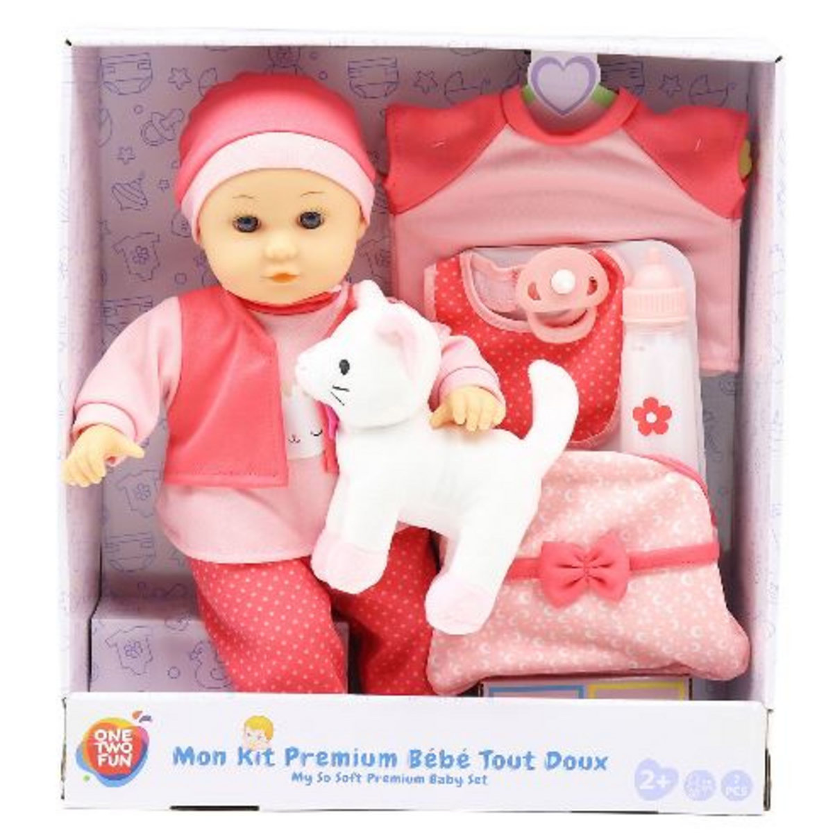 One Two Fun Mon kit premium bébé tout doux avec poupon 35 cm et sa peluche chat + accessoires