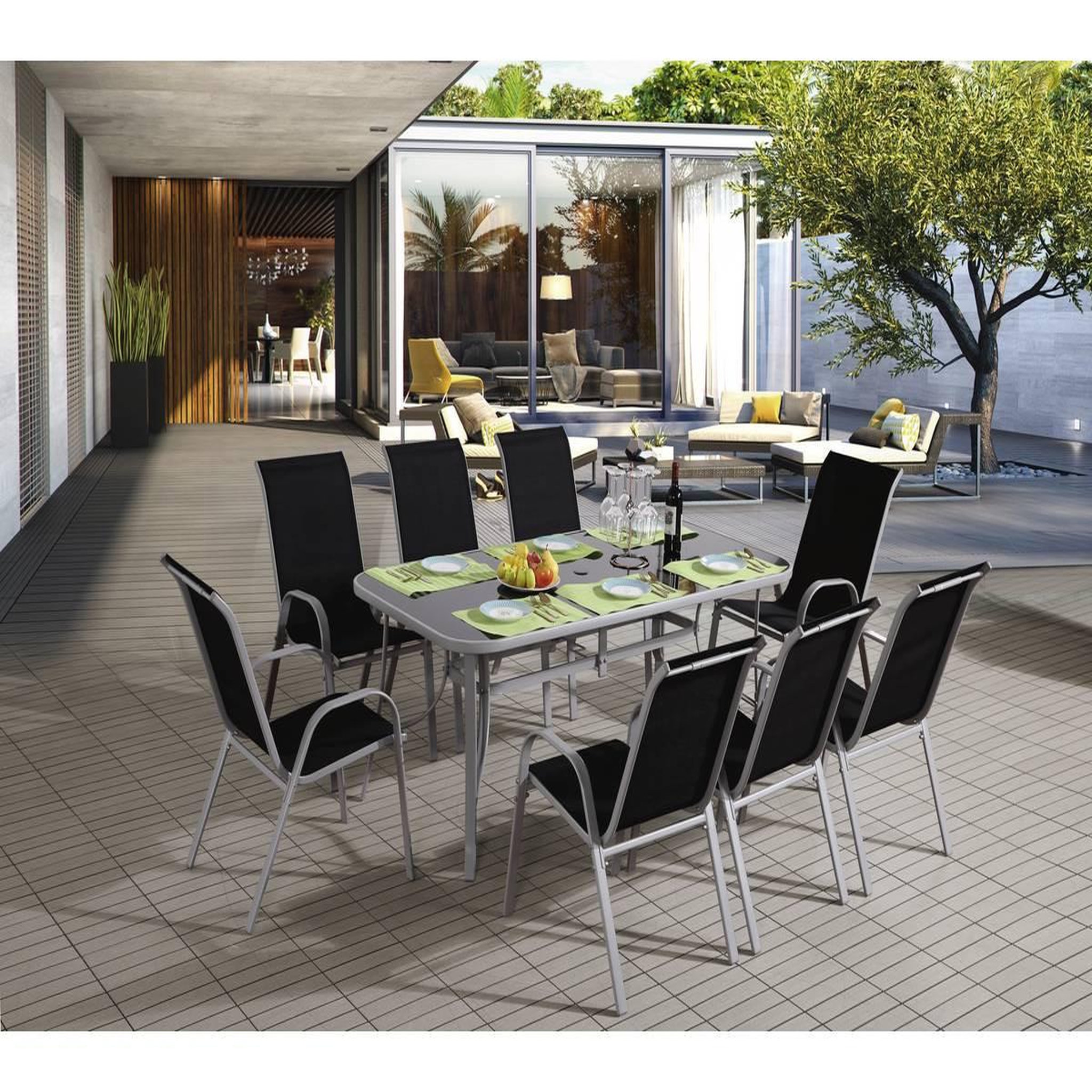 Voir la diapositive 2 : Habitat et Jardin Table et chaises de jardin en textilène  cordoba xl 180  - phoenix - 8 places - noir