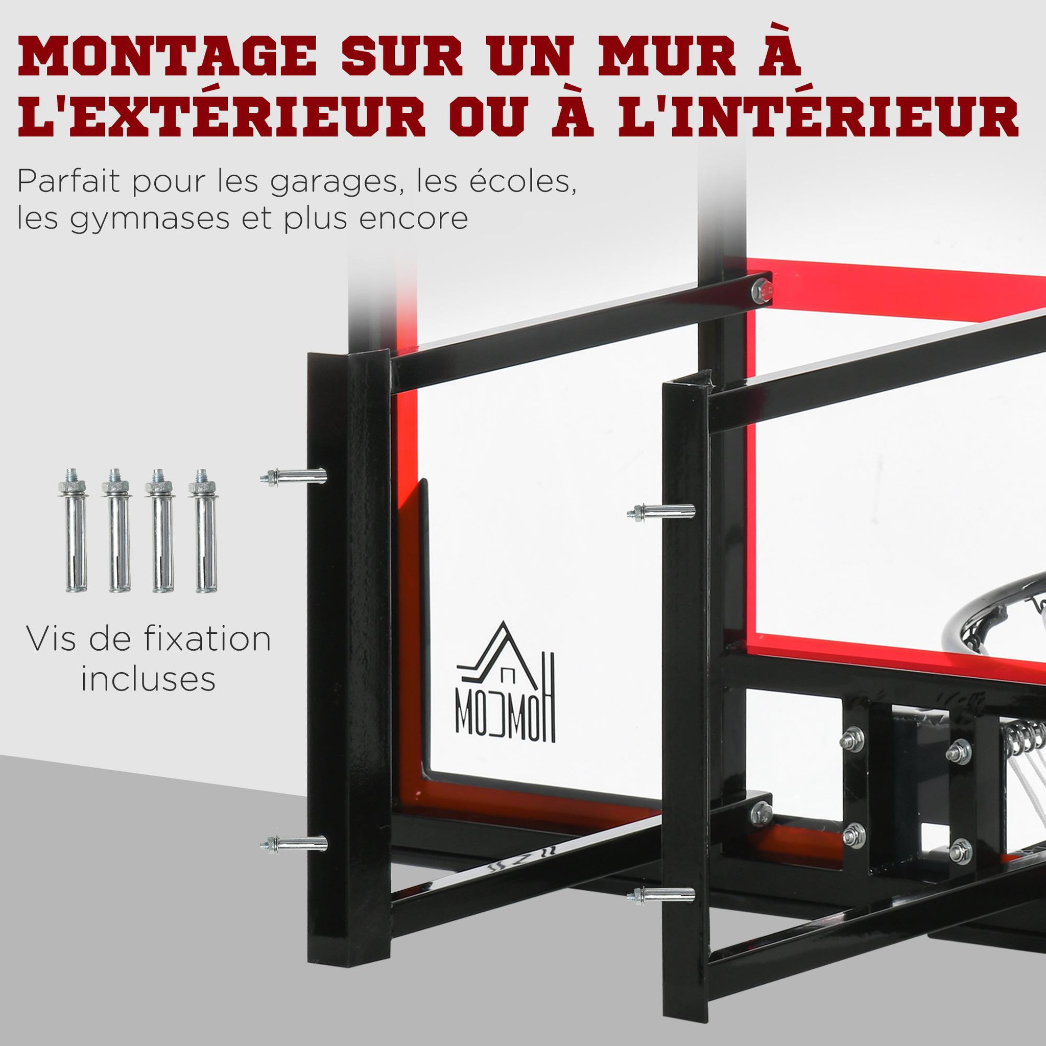 Voir la diapositive 4 : HOMCOM Panier de basket-ball mural avec ressort - panneau de basket à accrocher - visserie incluse - acier pc rouge noir