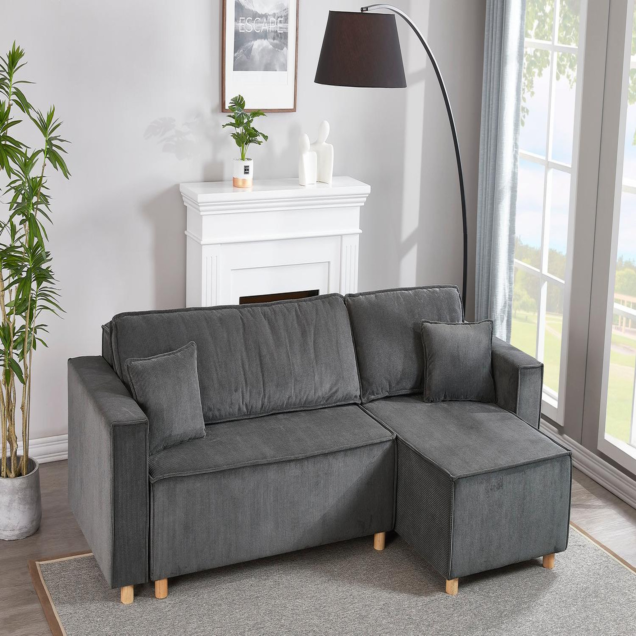 Voir la diapositive 5 : CONCEPT USINE Canapé convertible d'angle réversible 4 places velours côtelé gris cosy