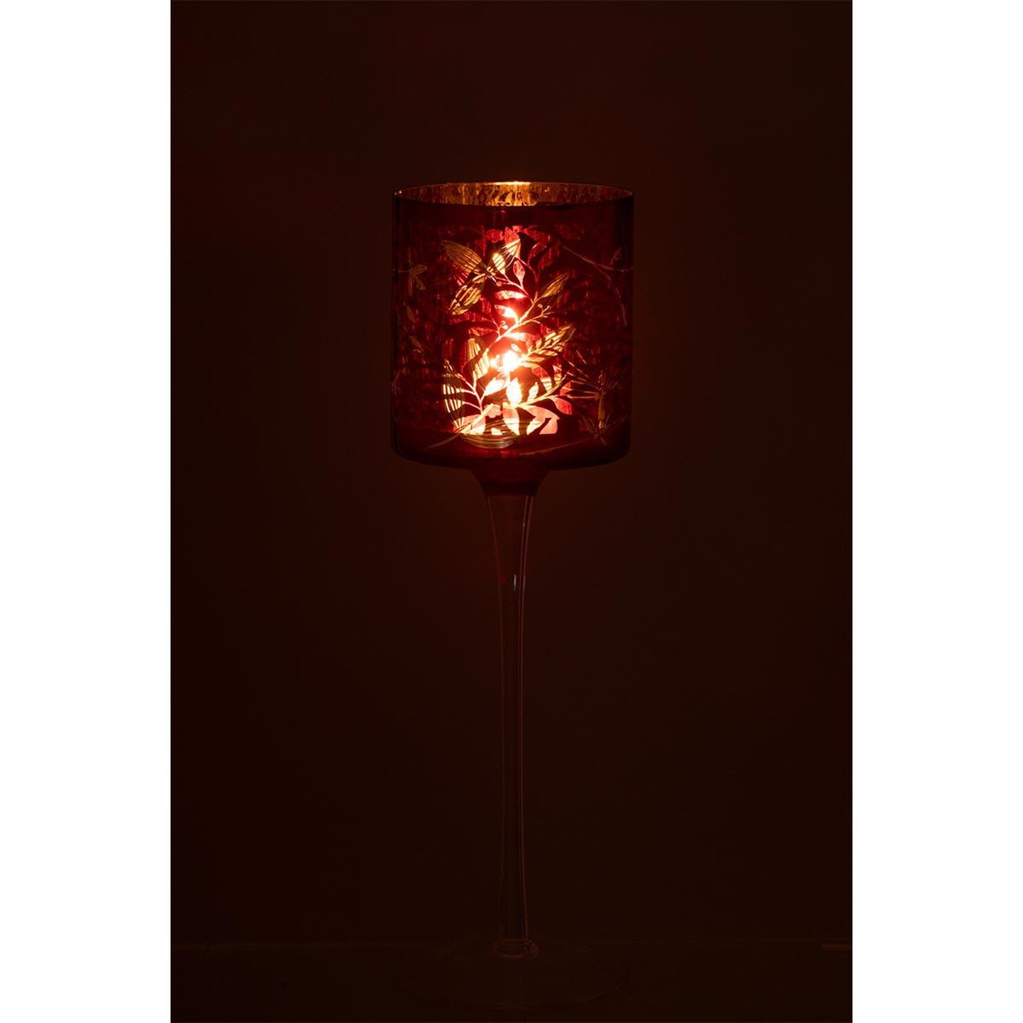 Voir la diapositive 3 : J-LINE Photophore sur Pied en Verre  Feuilles  30cm Rouge