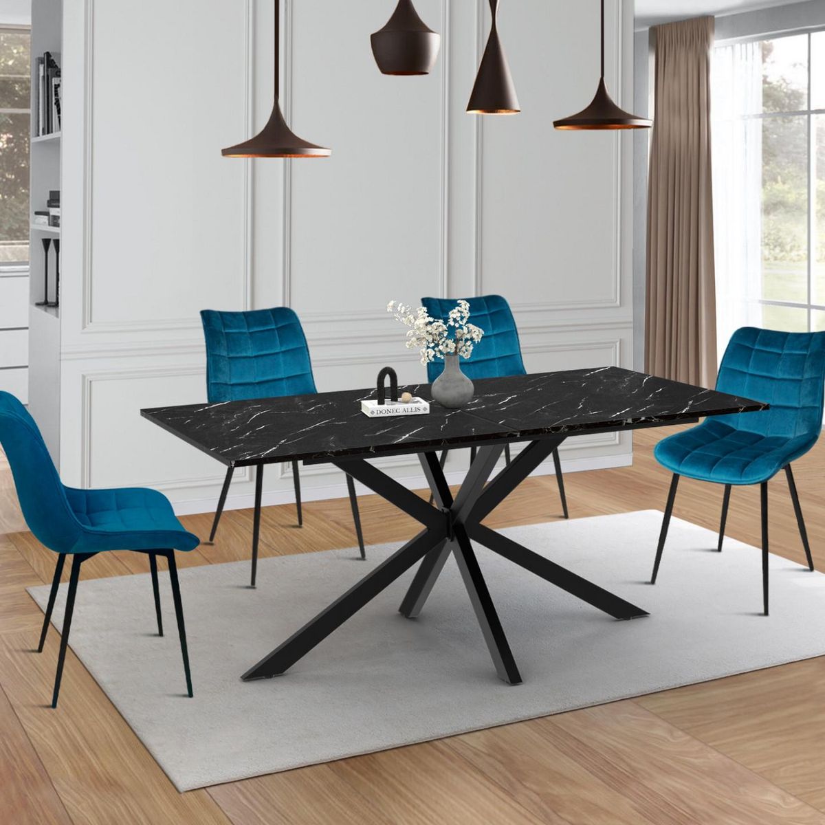 ID MARKET Table à manger rectangle ALIX 8 personnes pied araignée noir et plateau effet marbre noir ALASKA 160 cm