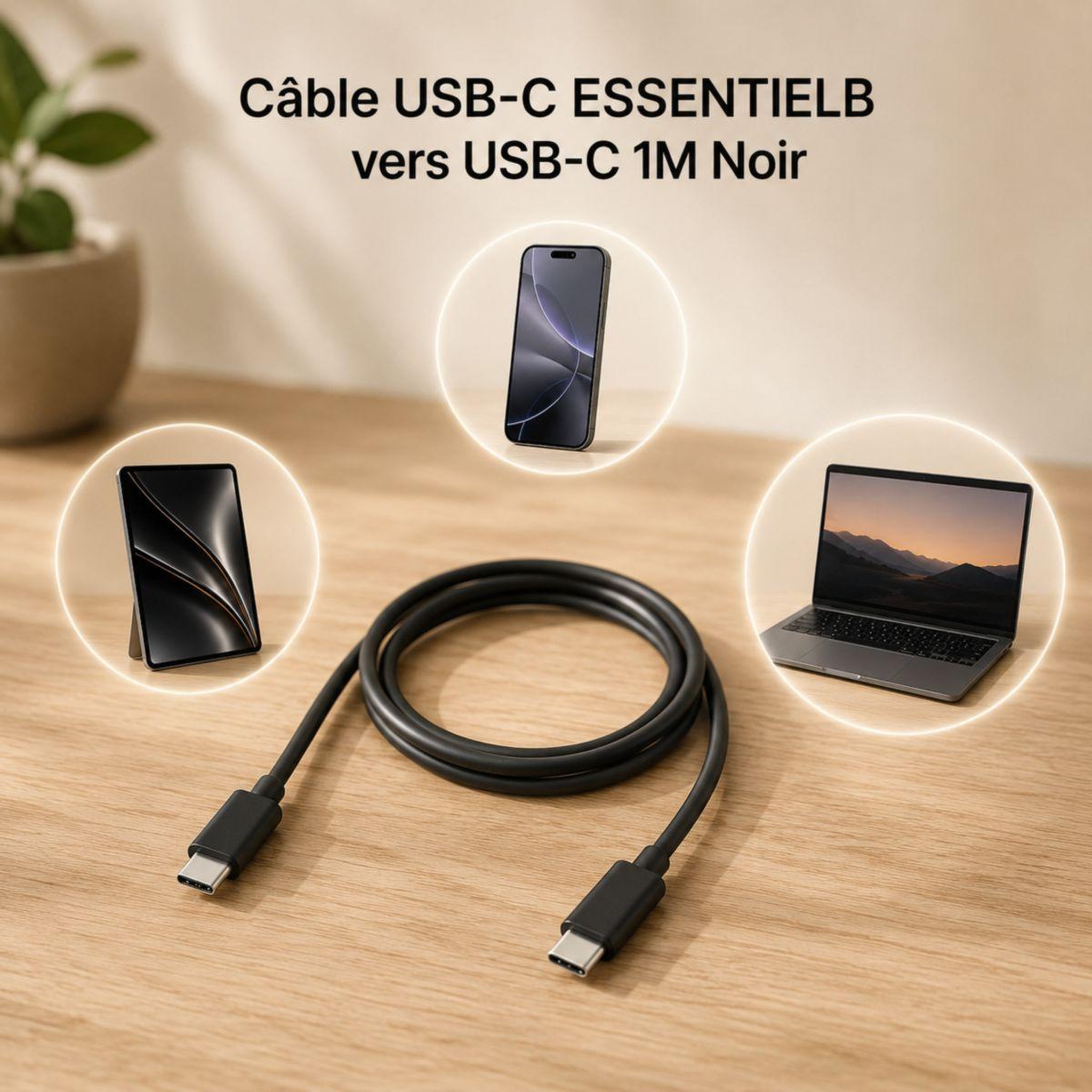 Voir la diapositive 2 : ESSENTIEL B Câble USB C vers USB-C 1M Noir compatible iPhone 17 16 15 Pro Max et Samsung Galaxy S25 S24 Ultra