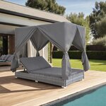VIDAXL Chaise longue d'exterieur avec rideaux Resine tressee Gris