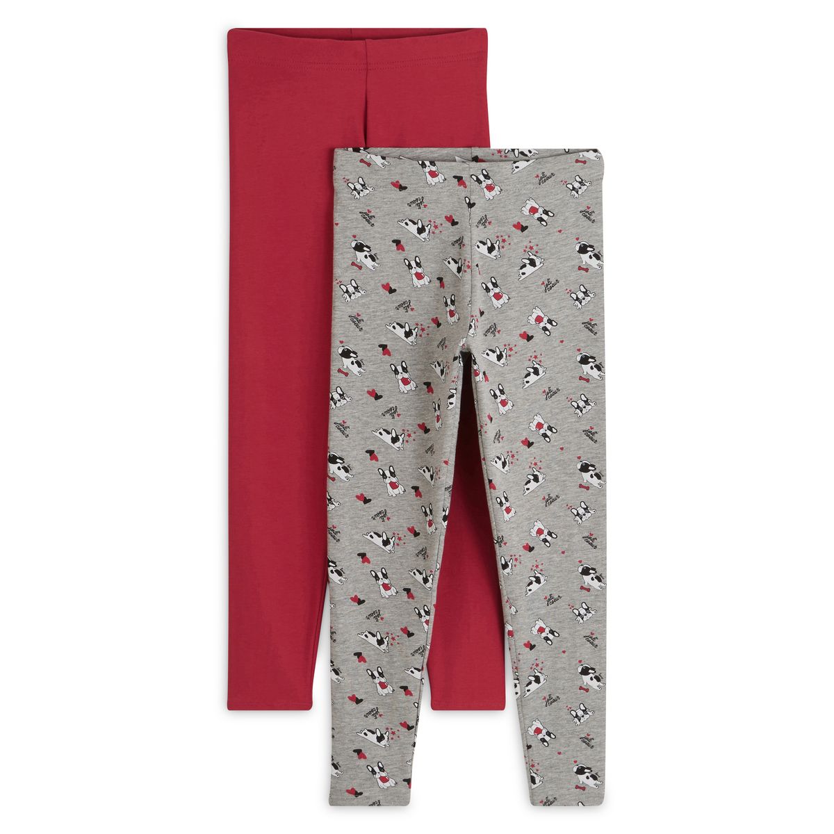 INEXTENSO Lot de 2 leggings fille en coton rouge uni et gris à motif chien 