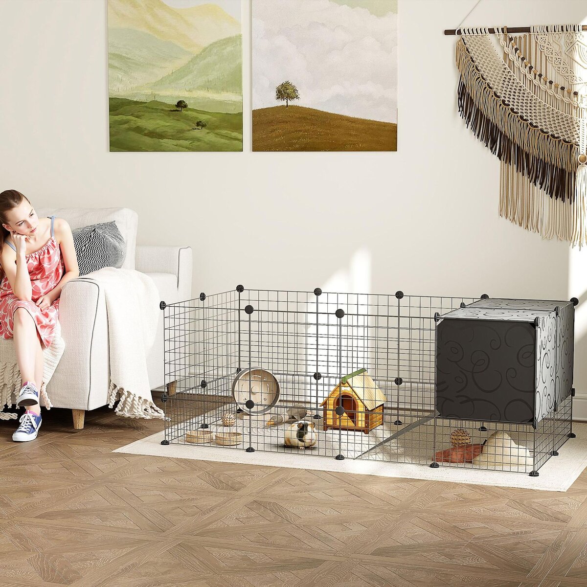 PAWHUT Cage parc enclos modulable rongeurs petits animaux 31 panneaux acier PP noir