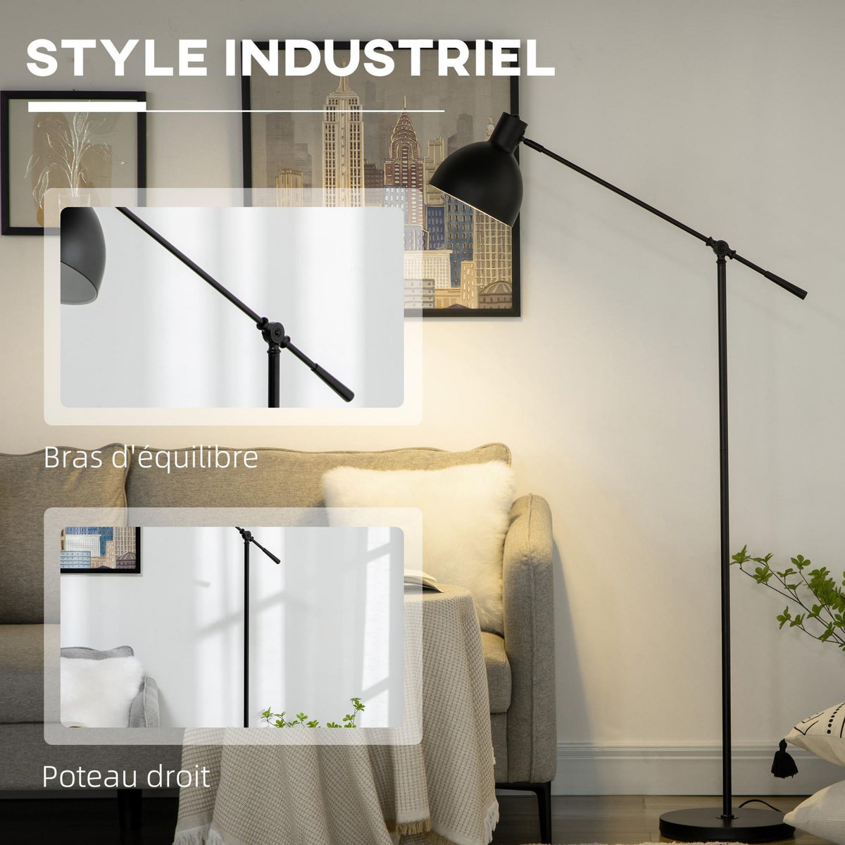 HOMCOM Lampadaire sur pied salon bureau 40W E27 - hauteur réglable, abat-jour et bras orientable - acier noir