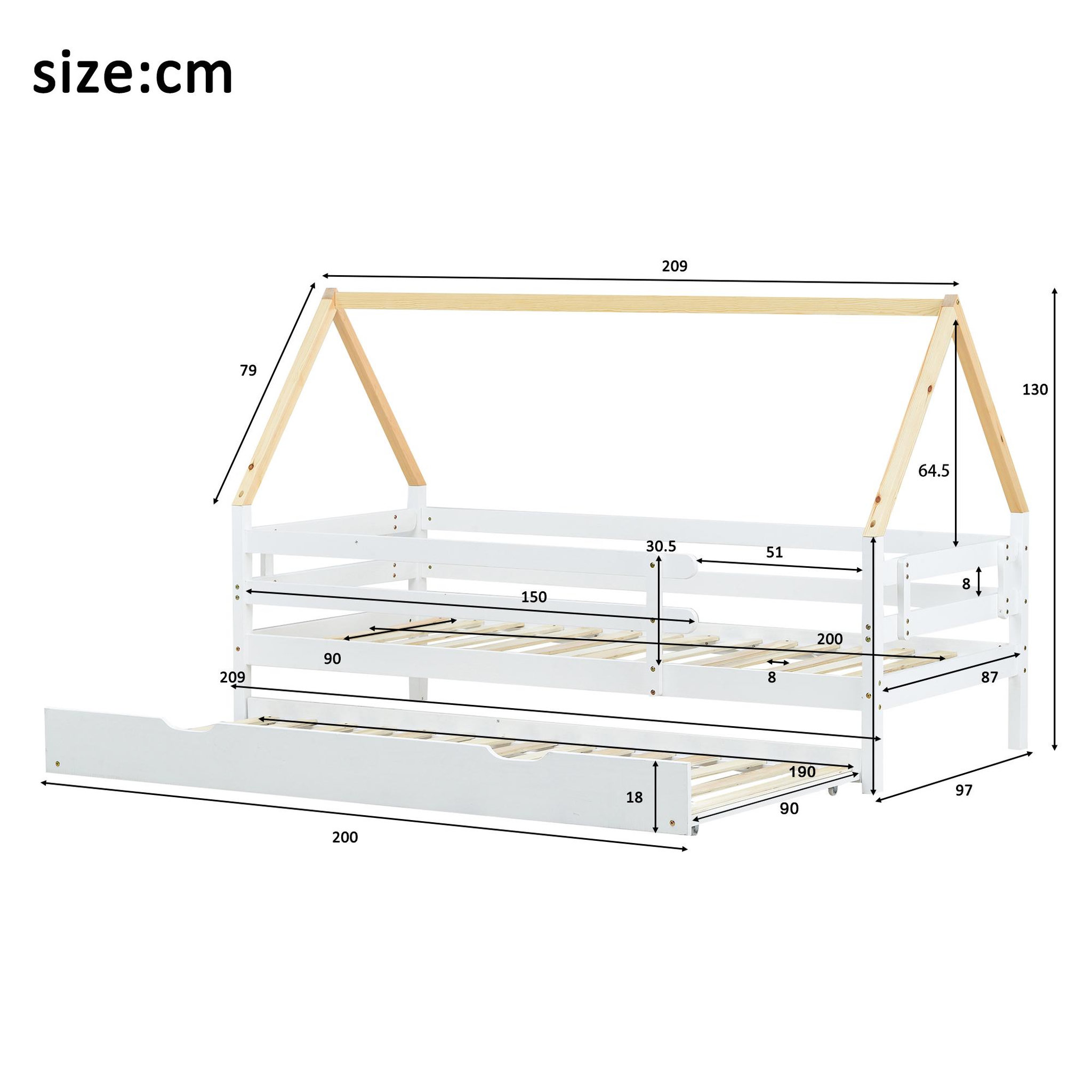 Voir la diapositive 3 : MERAX Lit gigogne 90x200(90x190)cm bois coloris blanc+naturel