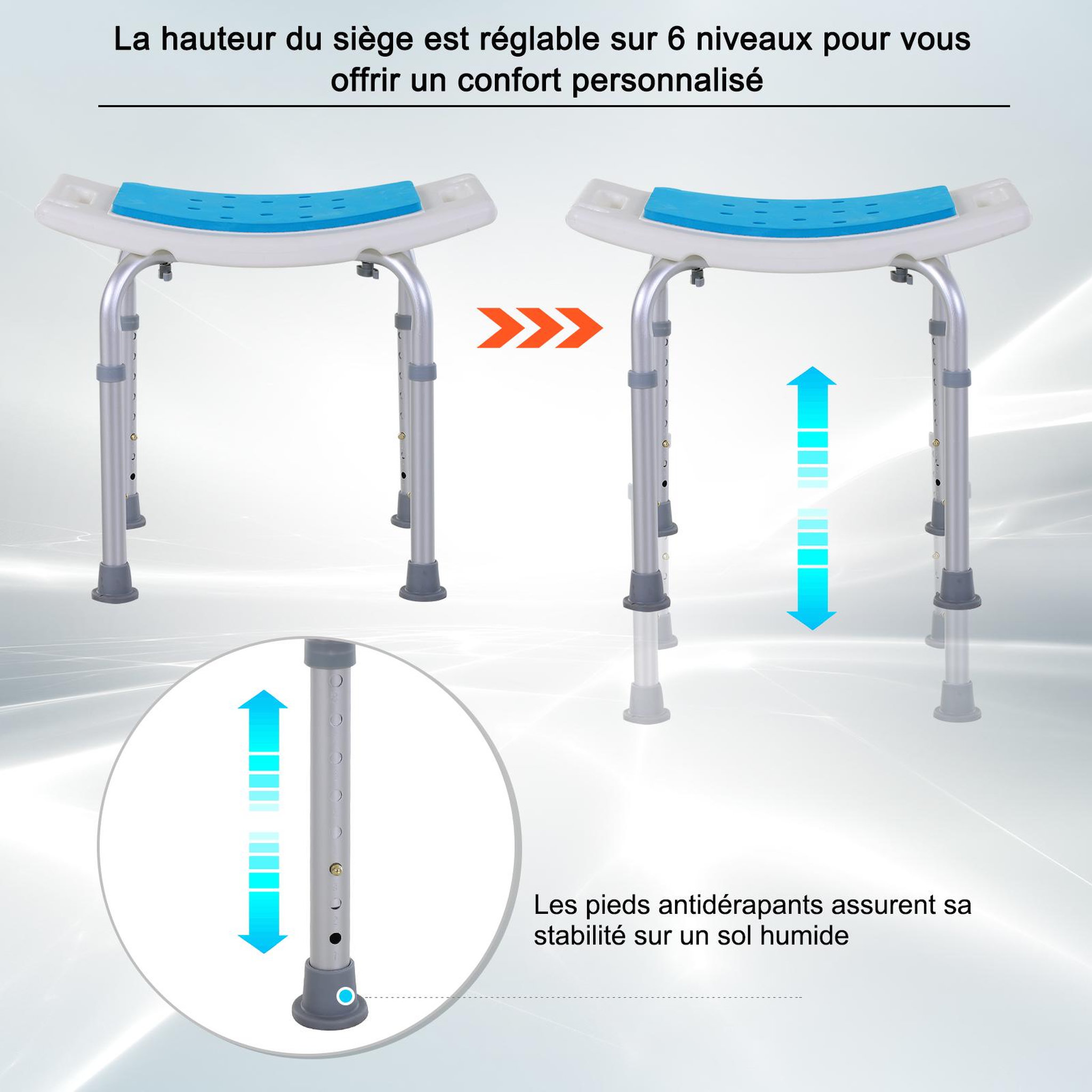 Voir la diapositive 4 : HOMCOM Siège de douche réglable en hauteur tabouret de douche ergonomique pieds antidérapants charge max. 135 kg alu hdpe blanc bleu