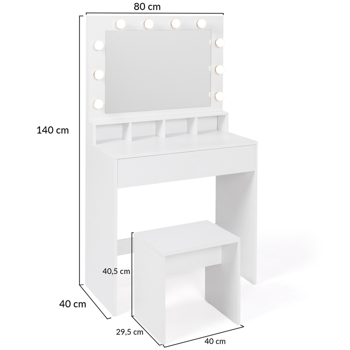 ID MARKET Coiffeuse ZELIA miroir LED avec 4 niches, 1 tiroir et tabouret