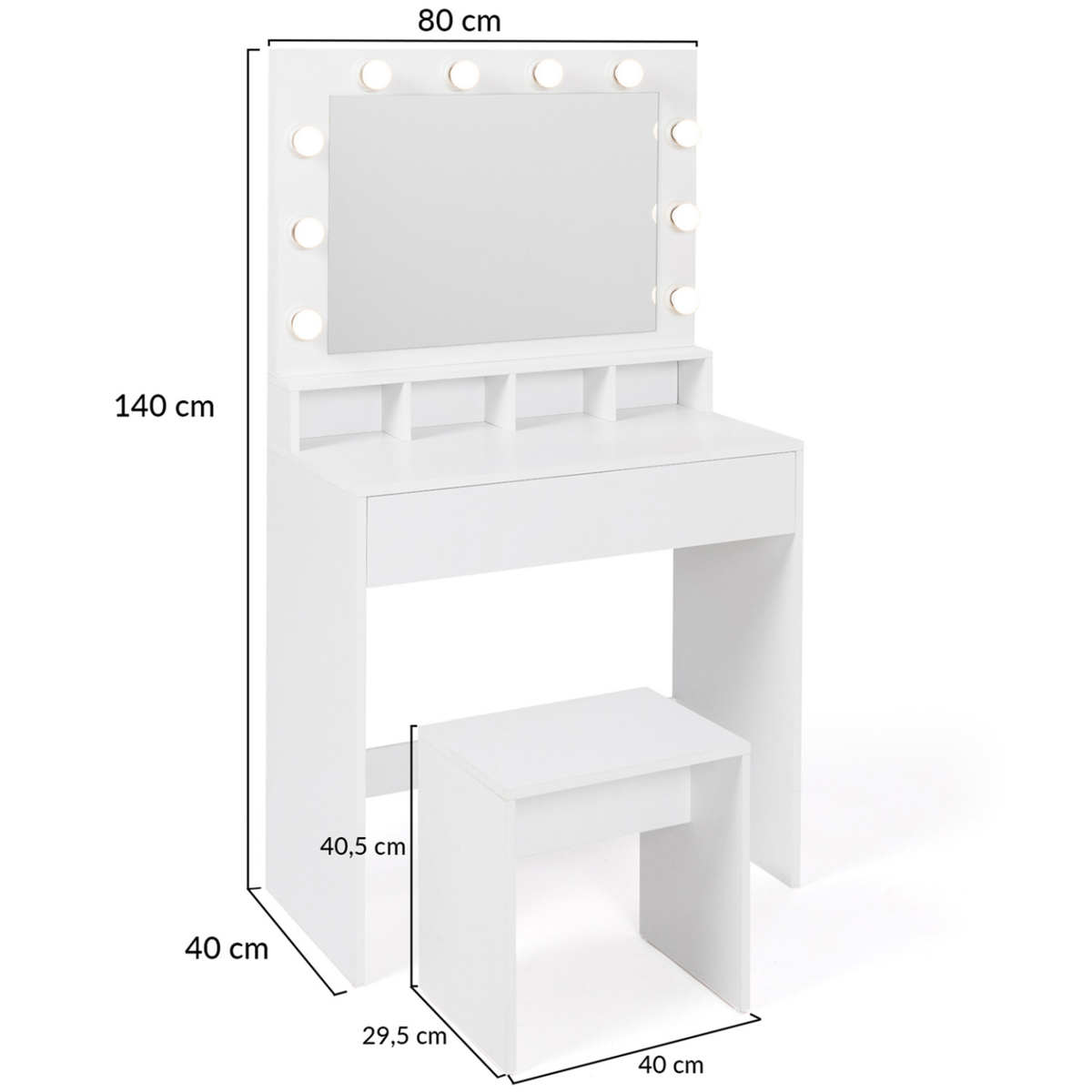 ID MARKET Coiffeuse ZELIA miroir LED avec 4 niches, 1 tiroir et tabouret
