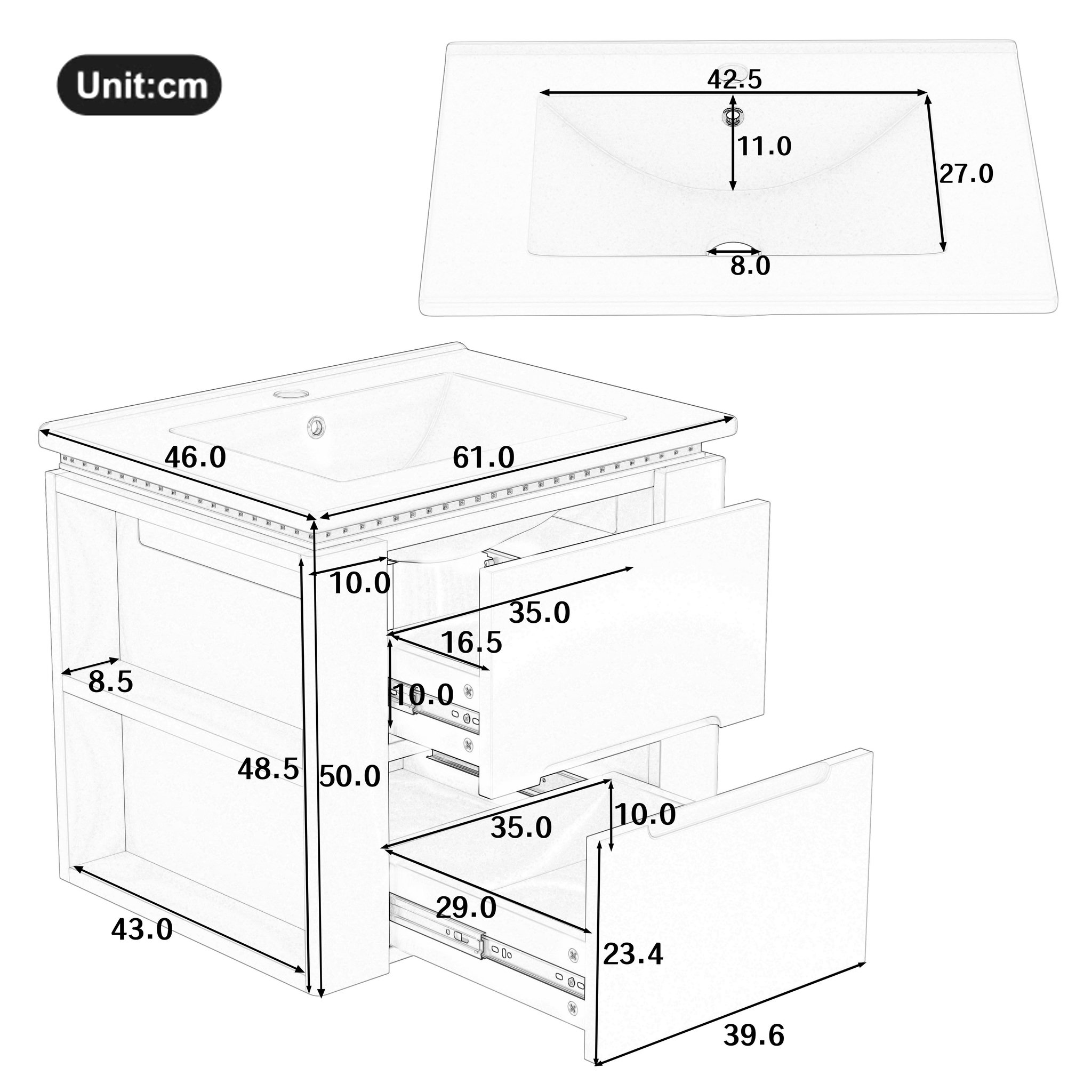 Voir la diapositive 4 : MERAX Meuble De Salle De Bain Vasque 2 Tiroirs, 2 Étagères Et LED Blanc