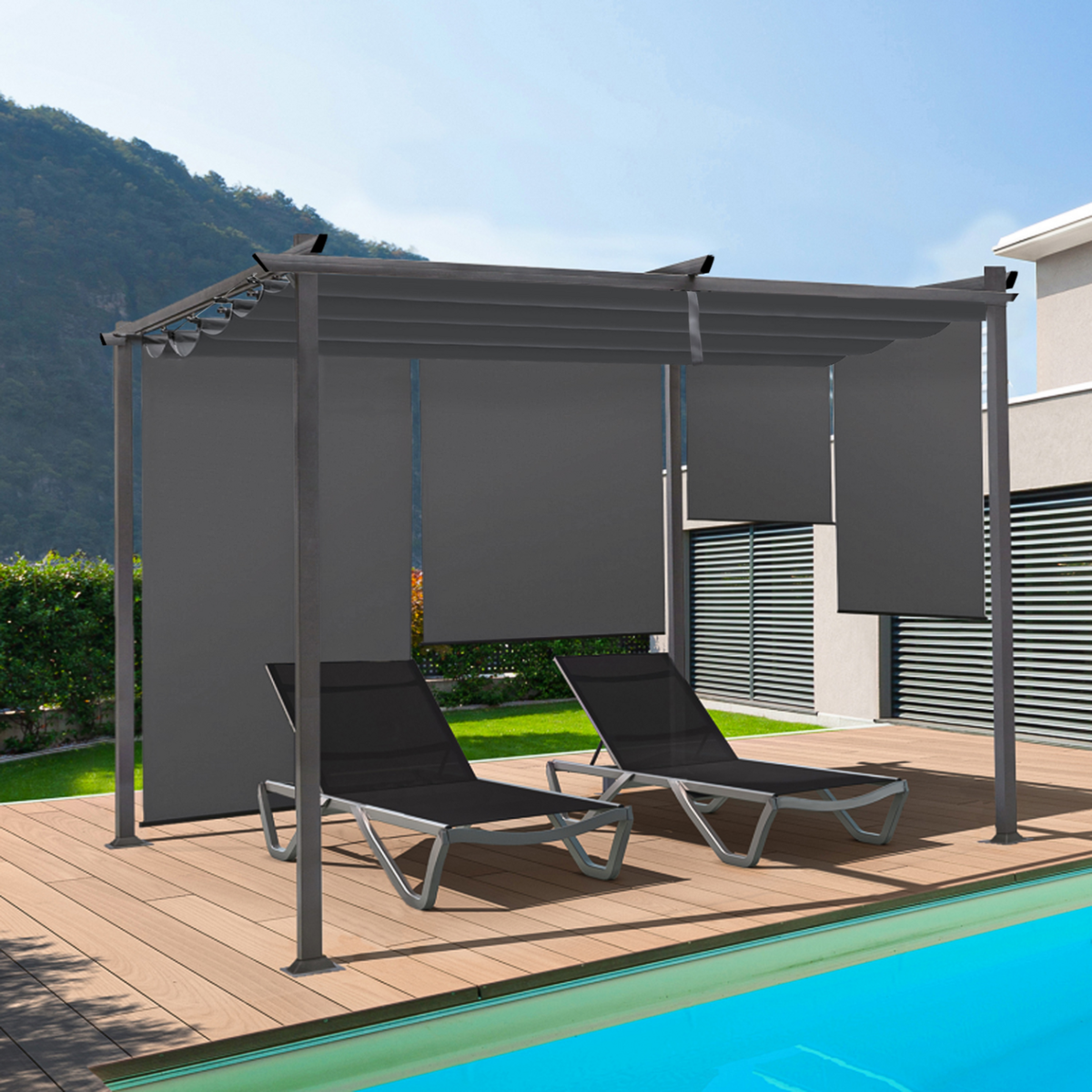 ID MARKET Pergola édition spéciale toit rétractable 3x4 M et 4 stores gris anthracite