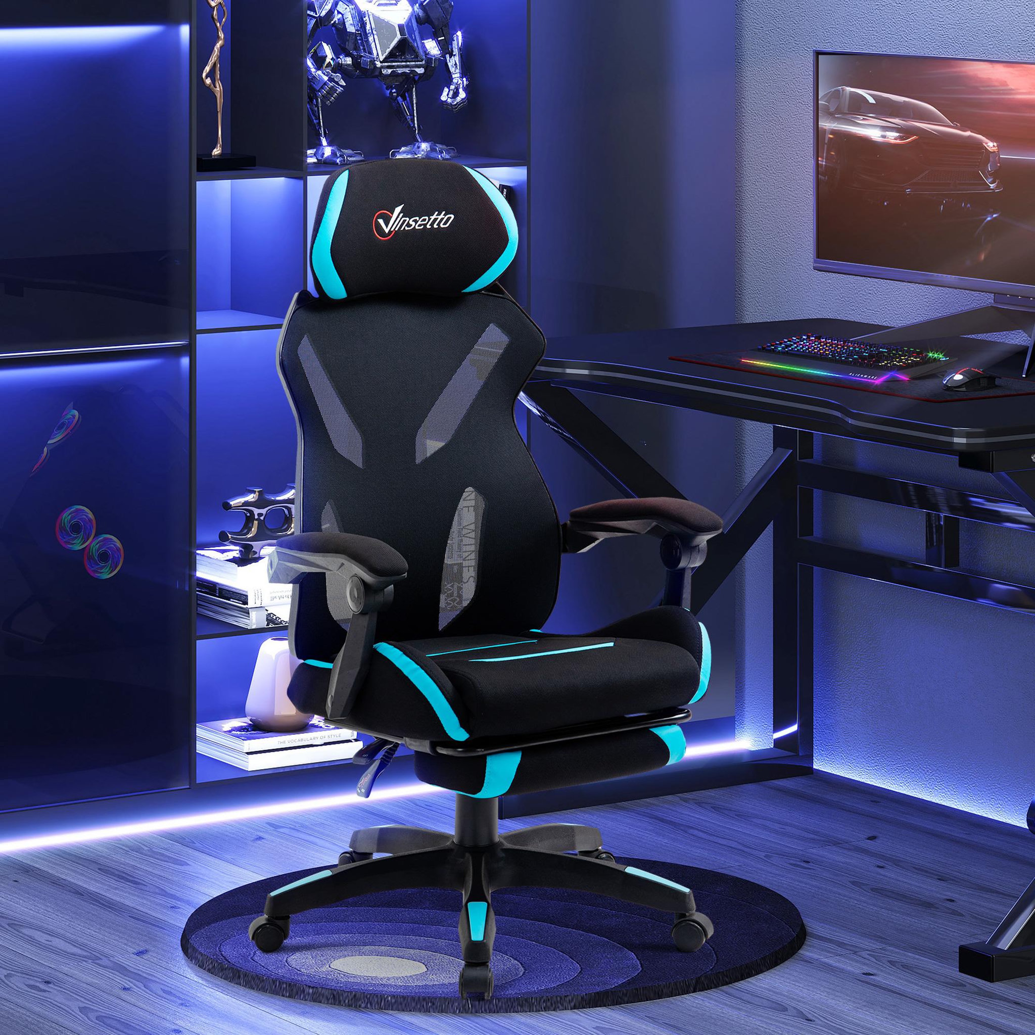 Voir la diapositive 2 : VINSETTO Vinsetto Fauteuil gaming chaise gamer réglable pivotant dossier inclinable repose-pied polyester bleu noir
