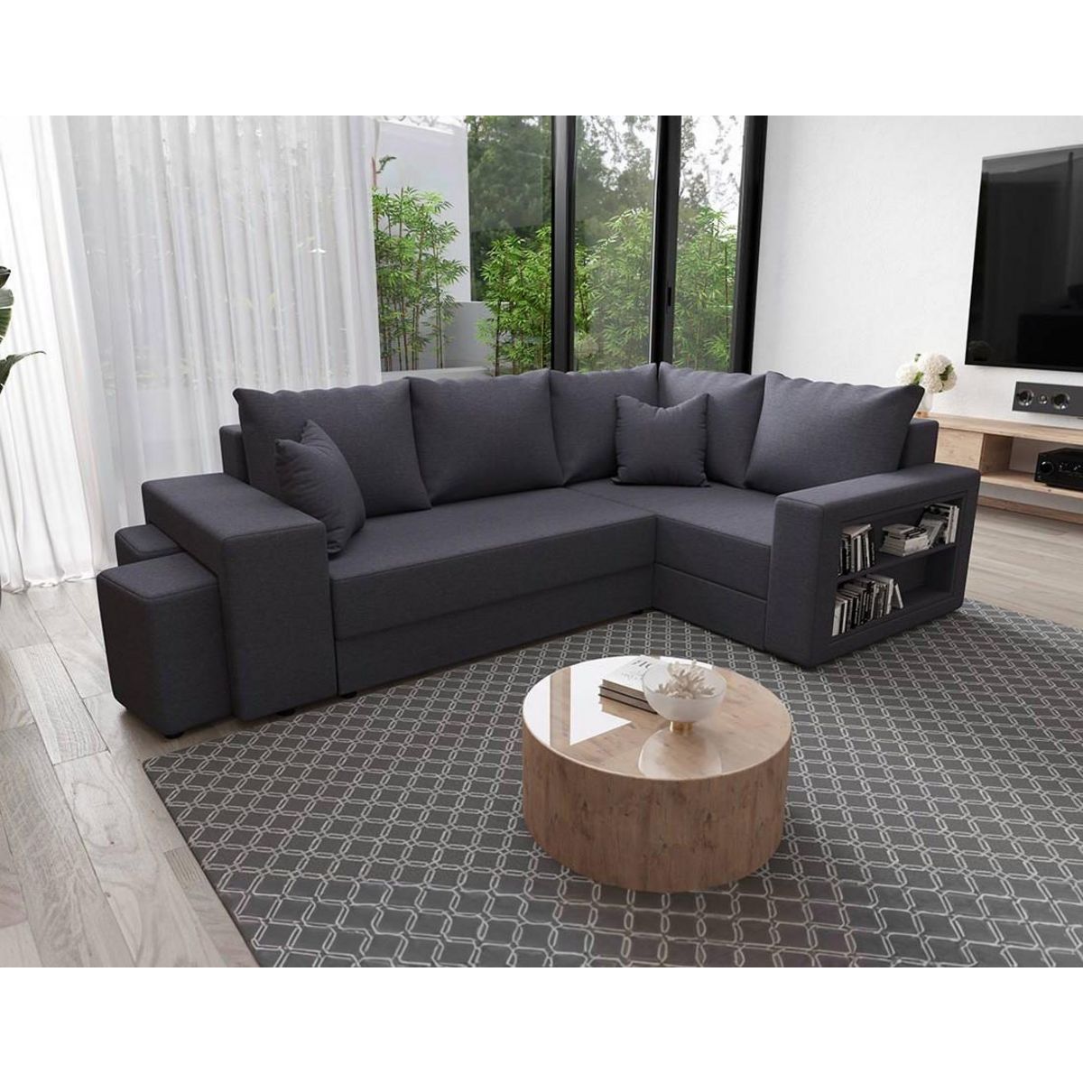 BEST MOBILIER Libbie - canapé d'angle droit 4 places convertible avec coffre, étagère et poufs en tissu