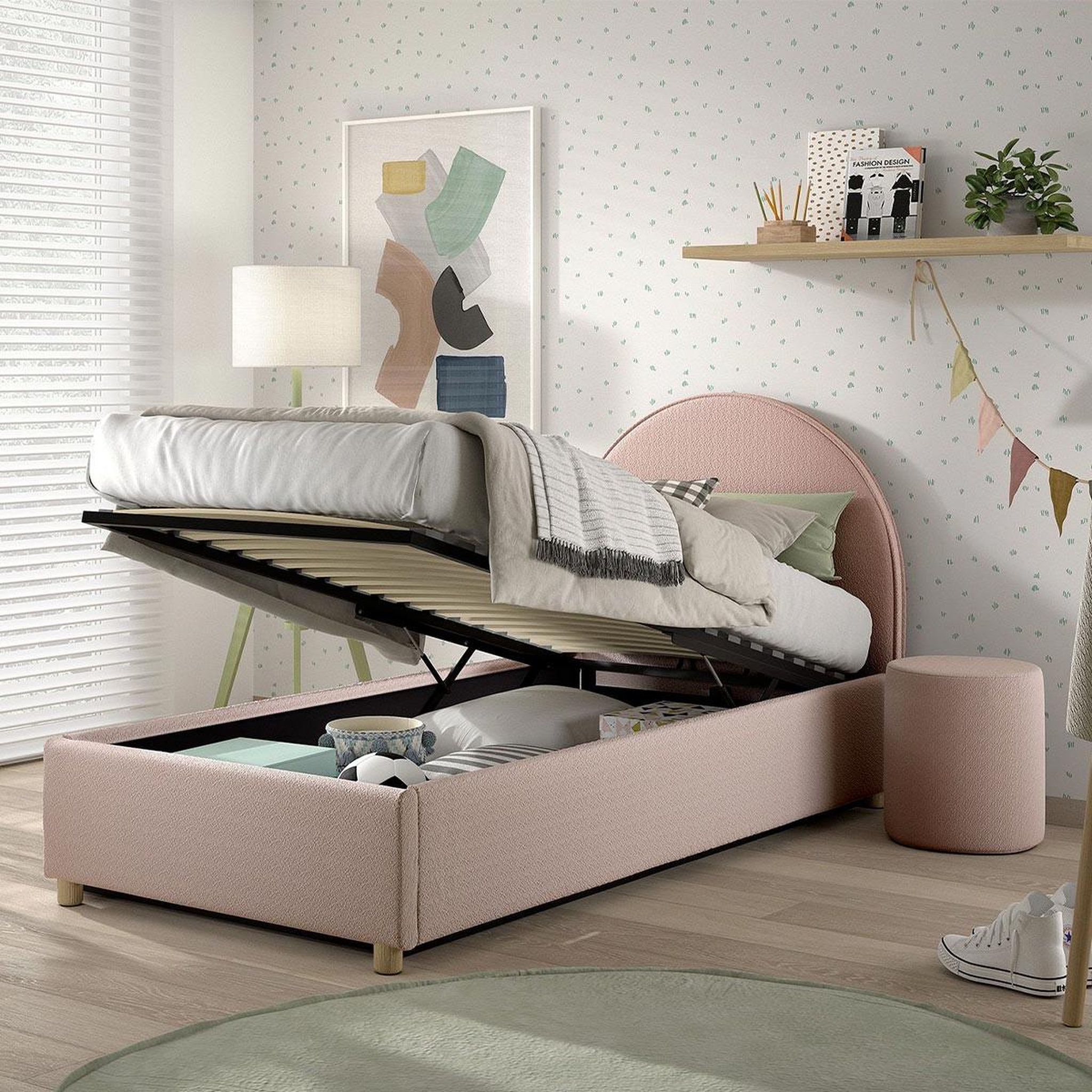 Voir la diapositive 4 : Paris Prix Lit coffre enfant bouclé  moon  90x200cm rose