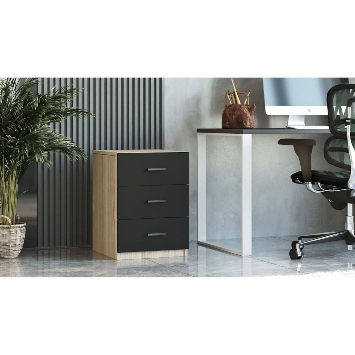 Paris Prix Table de Chevet 3 Tiroirs  Pearlie  61cm Naturel & Noir