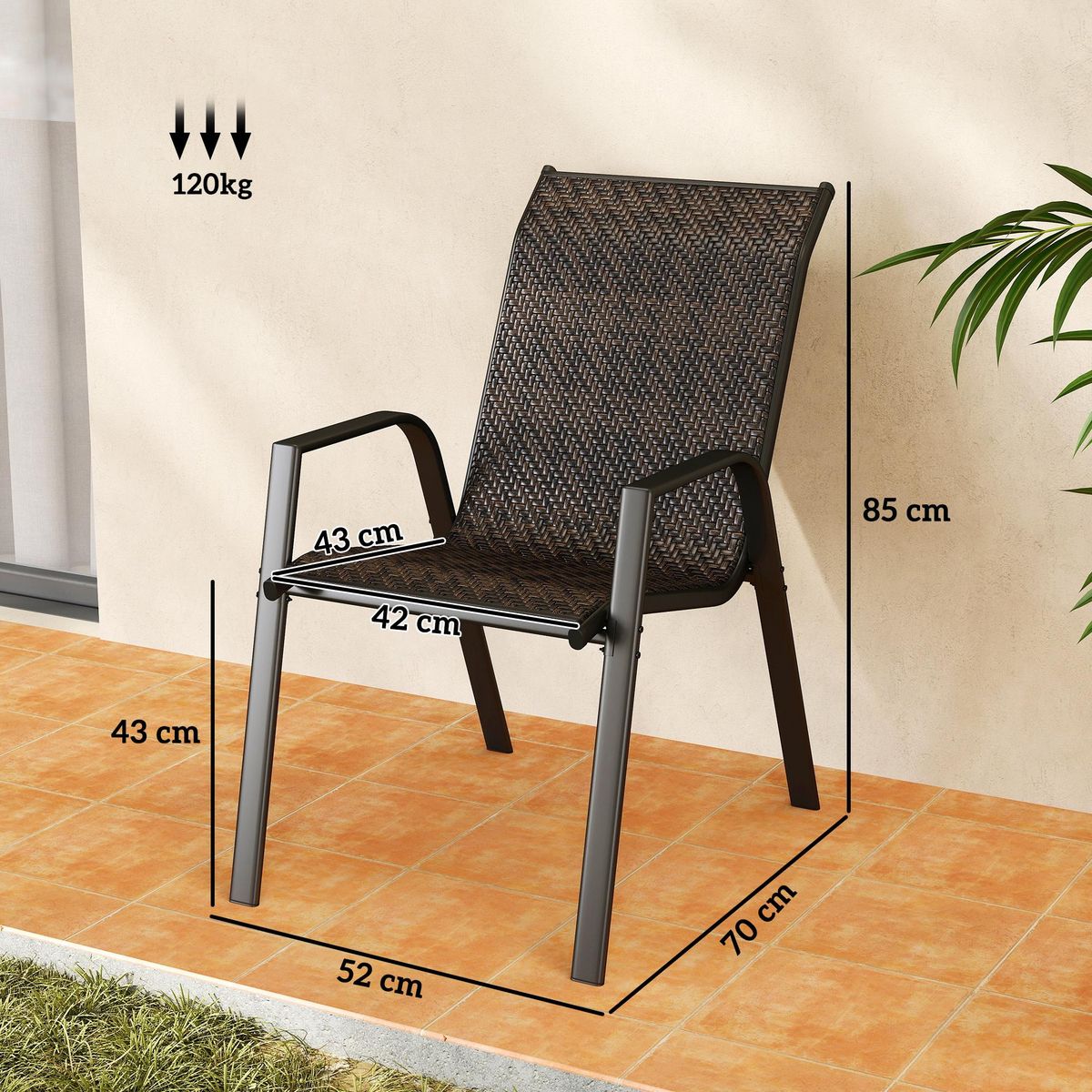 OUTSUNNY Lot de 4 chaises de jardin empilables - accoudoirs - design - acier époxy noir résine tressée marron