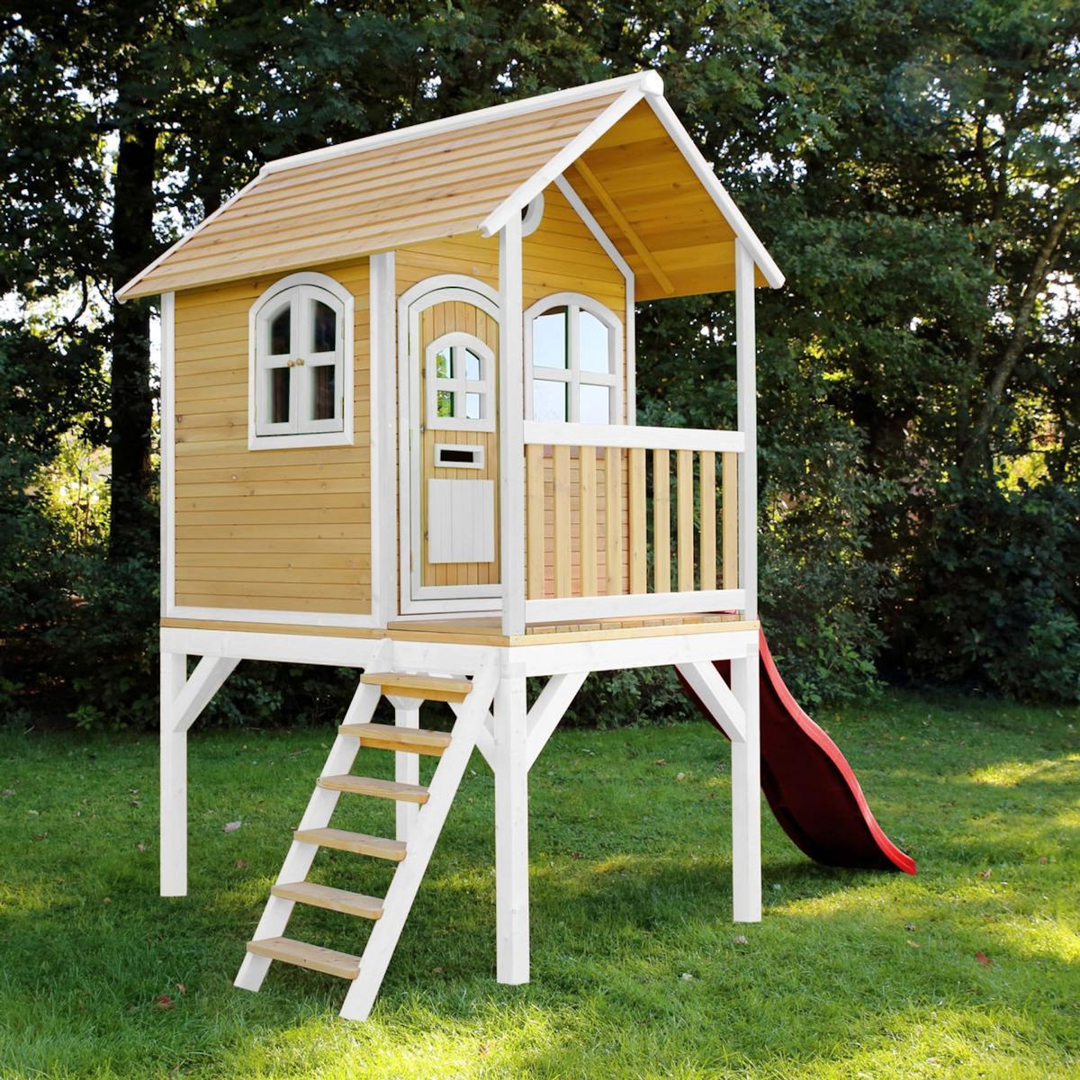 Axi House Maisonnette Sophie marron-blanc toboggan rouge