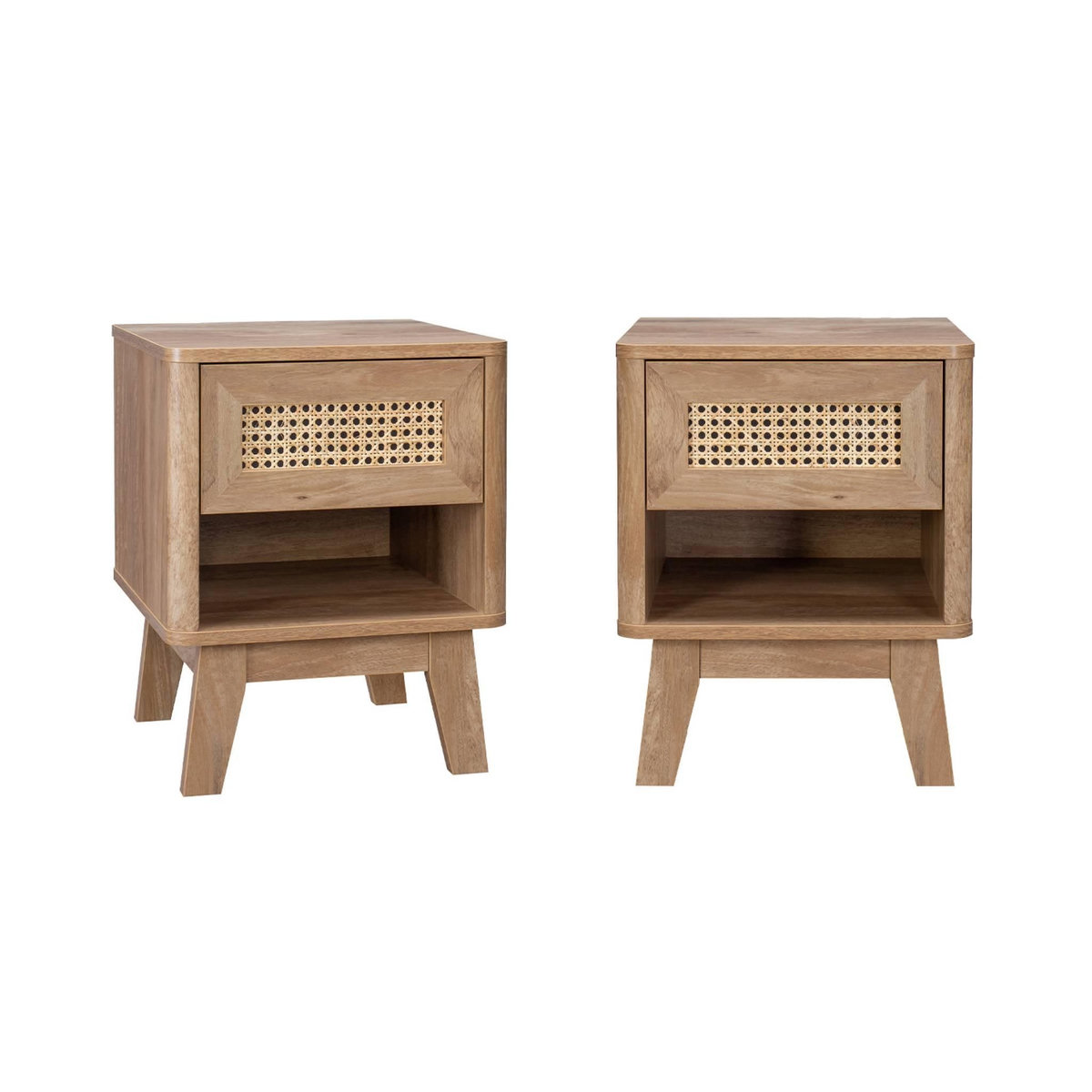 SWEEEK Lot de 2 tables de chevet avec 1 tiroir et 1 niche effet bois et cannage. pieds eucalyptus