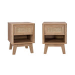 SWEEEK Lot de 2 tables de chevet avec 1 tiroir et 1 niche effet bois et cannage. pieds eucalyptus