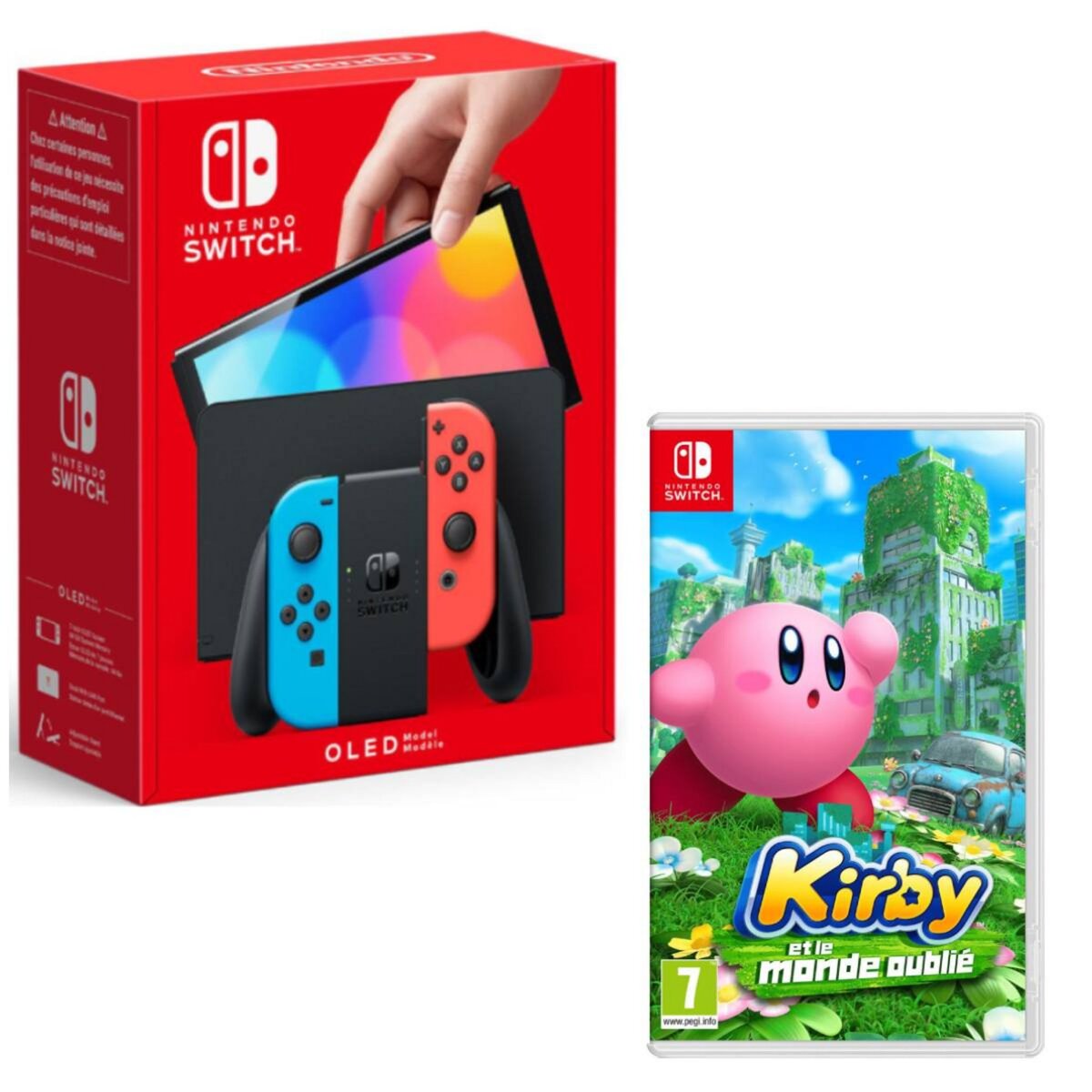NINTENDO Console Nintendo Switch (modèle OLED) Joy-Con Bleu et Rouge + Kirby et le Monde Oublié Nintendo Switch