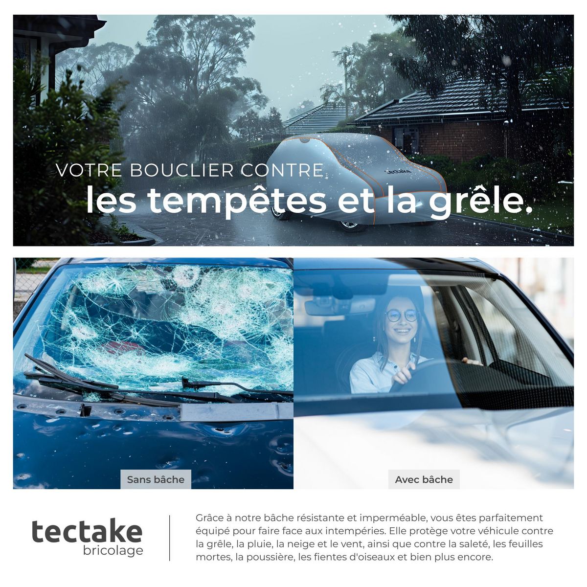 tectake Bâche de voiture imperméable et respirante avec couche en mousse de 4 mm gris S (406 x 165 x 120 cm)