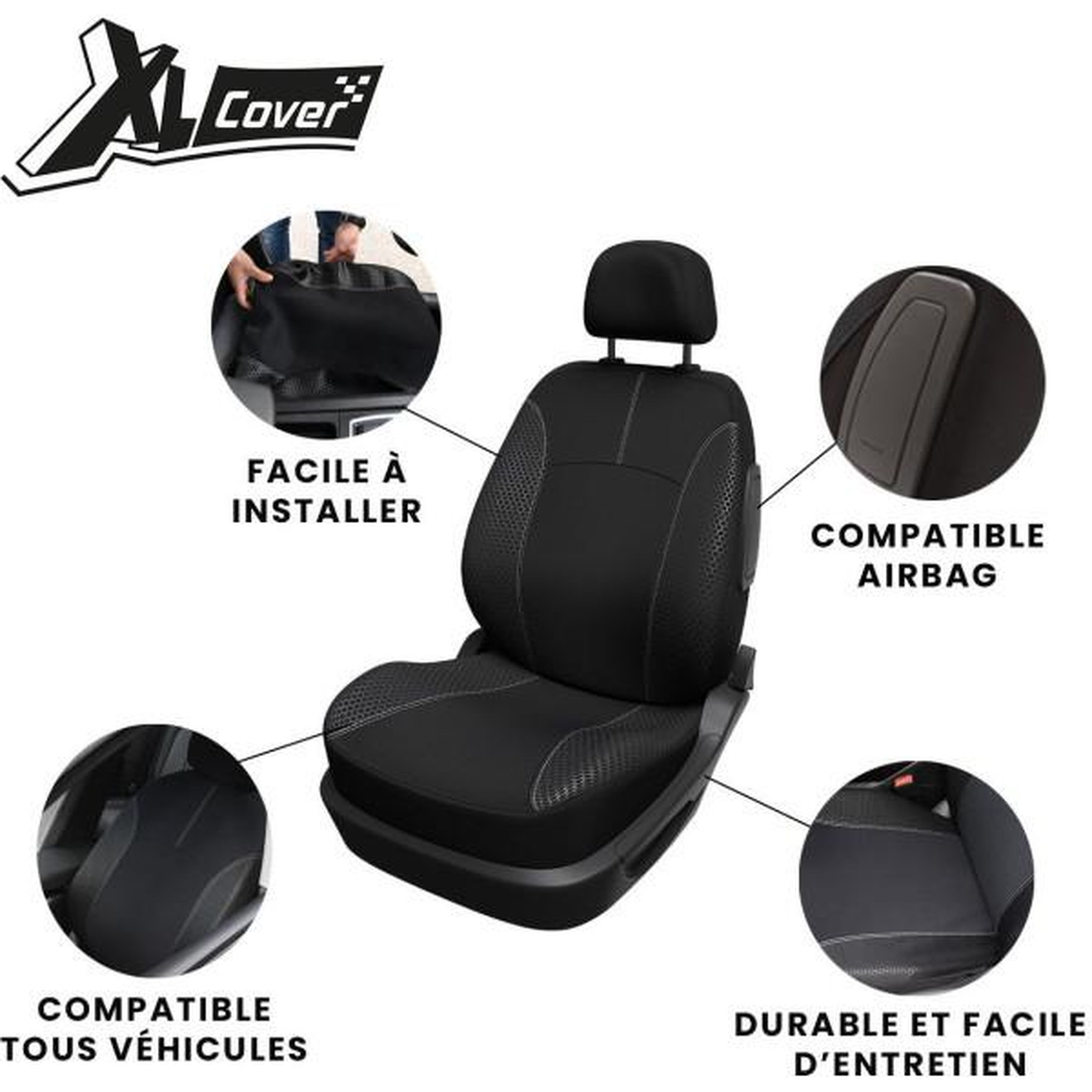 Voir la diapositive 2 : N/A Housse de siege auto - XLCOVER - Compatible Airbags - Noir - Universelle - 3 pieces